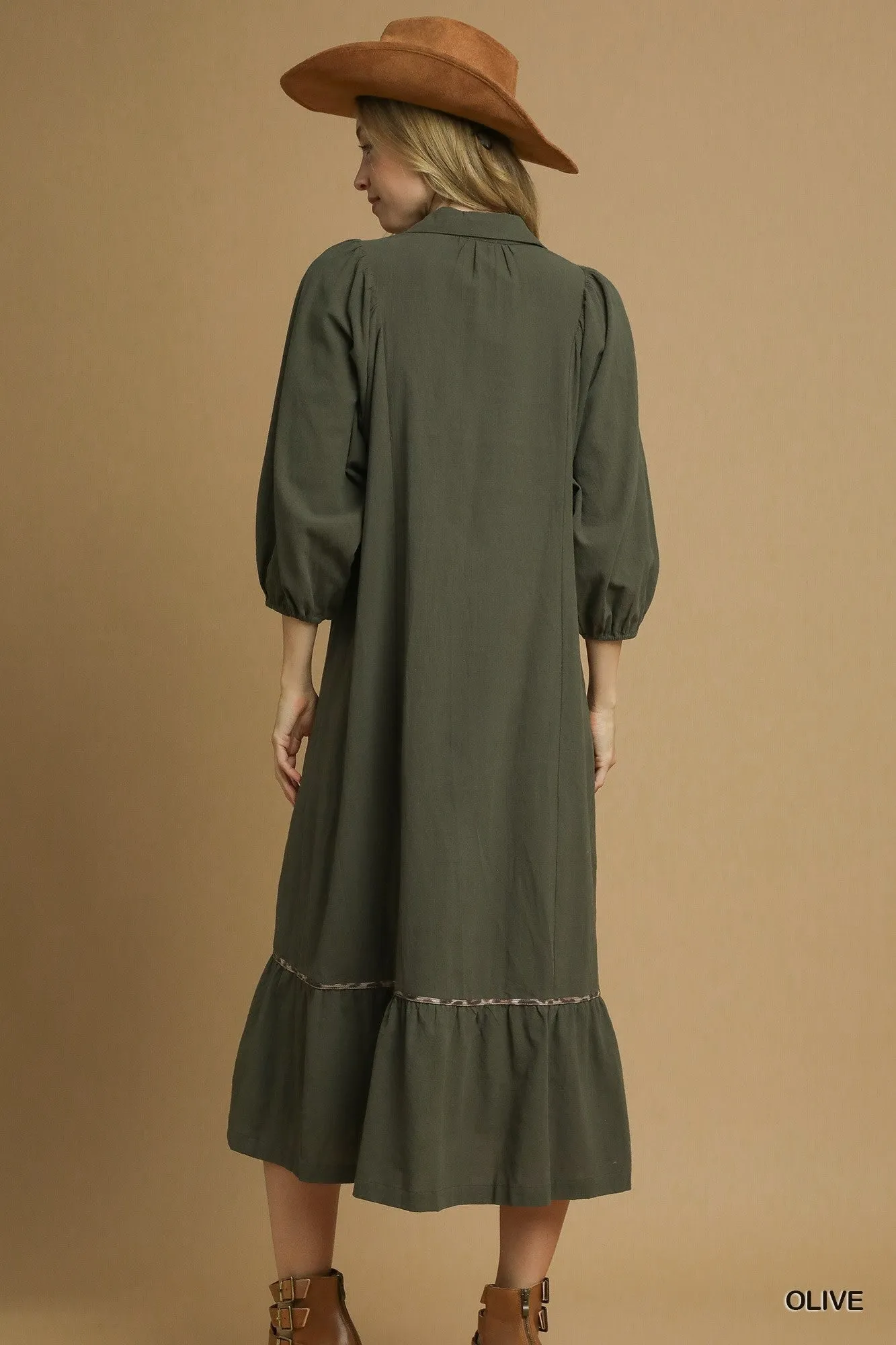 Olive V-Neck Contrast Trim 3/4 Sleeve Midi Dress sold by Pinkblush product image thumbnail 3