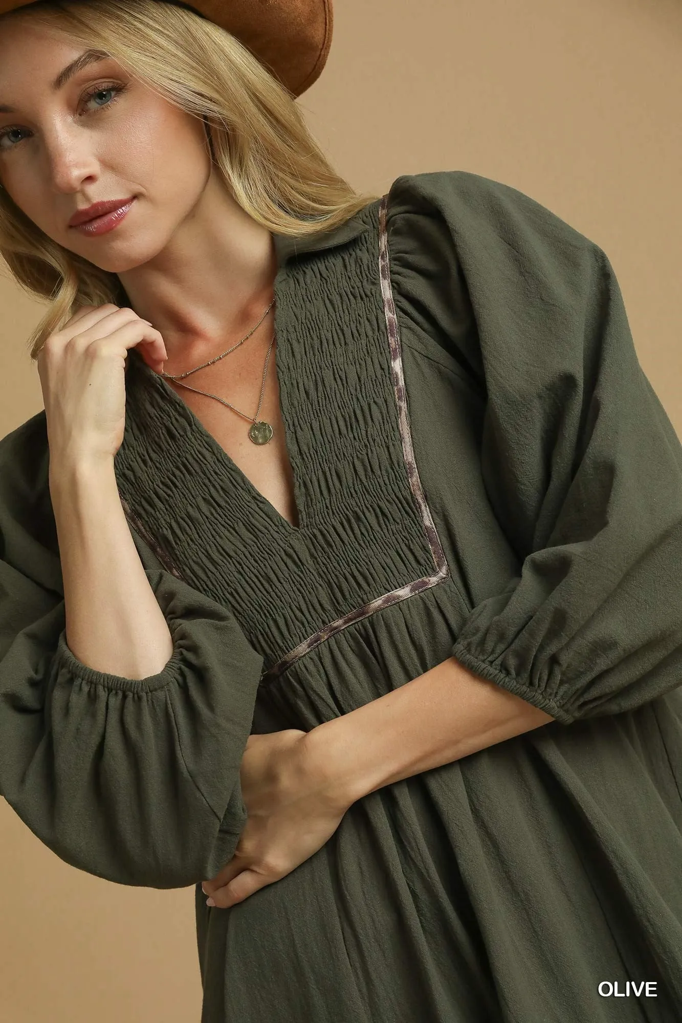 Olive V-Neck Contrast Trim 3/4 Sleeve Midi Dress sold by Pinkblush product image thumbnail 4
