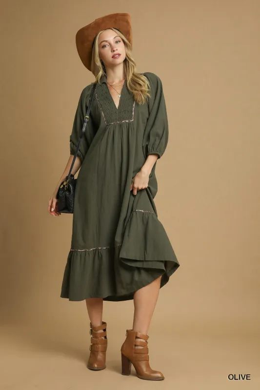 Olive V-Neck Contrast Trim 3/4 Sleeve Midi Dress sold by Pinkblush