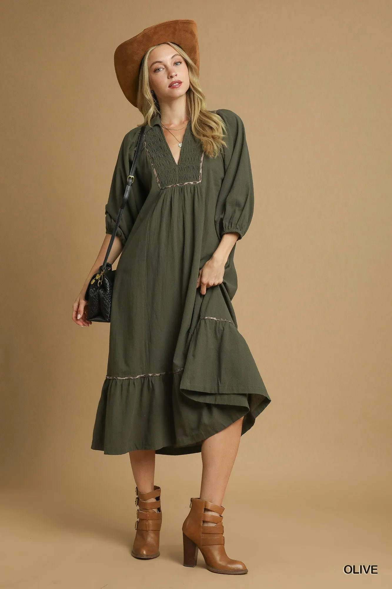 Olive V-Neck Contrast Trim 3/4 Sleeve Midi Dress sold by Pinkblush