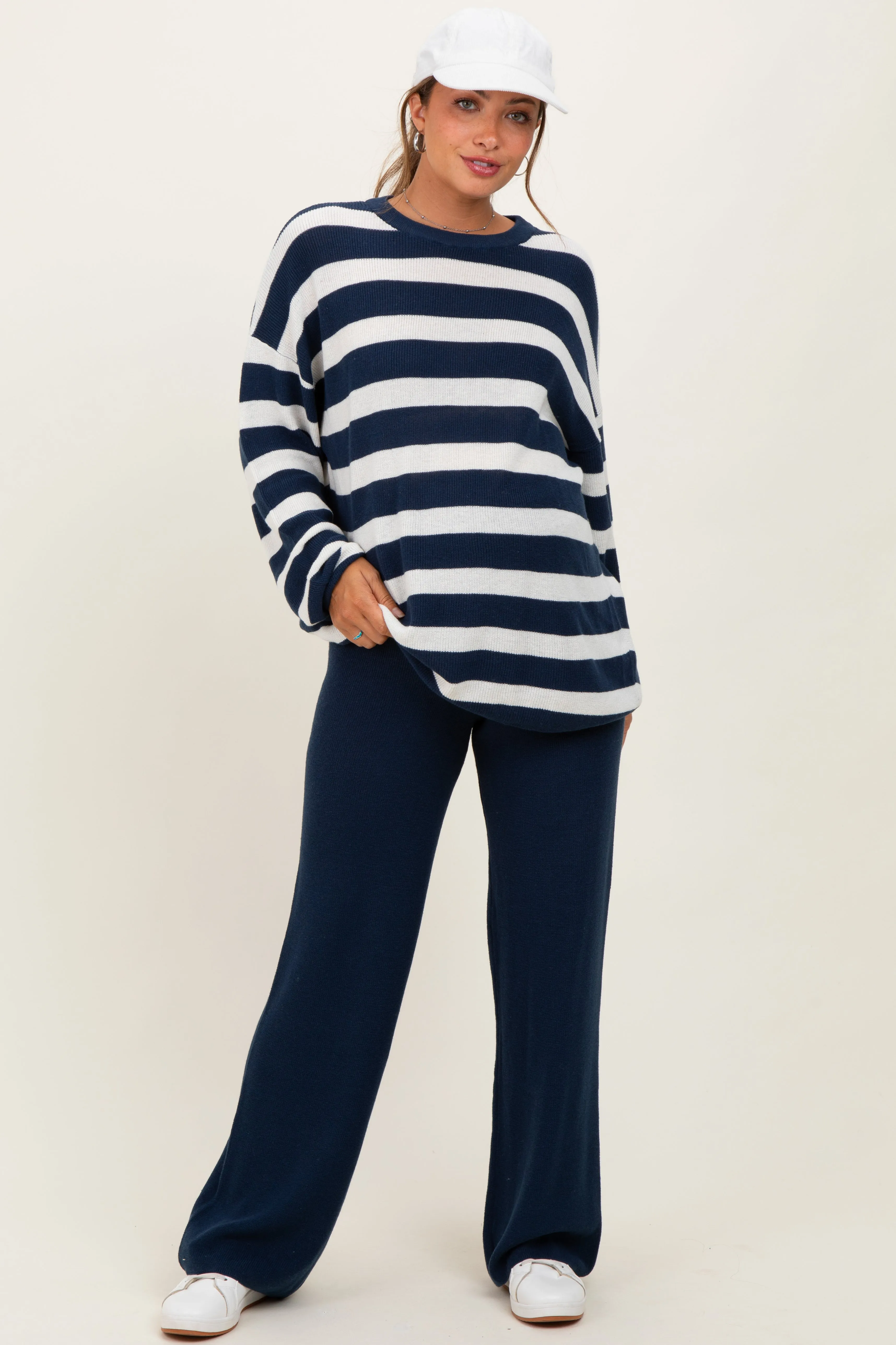 Navy Striped Long Sleeve Sweater Knit Pants Maternity Set sold by Pinkblush