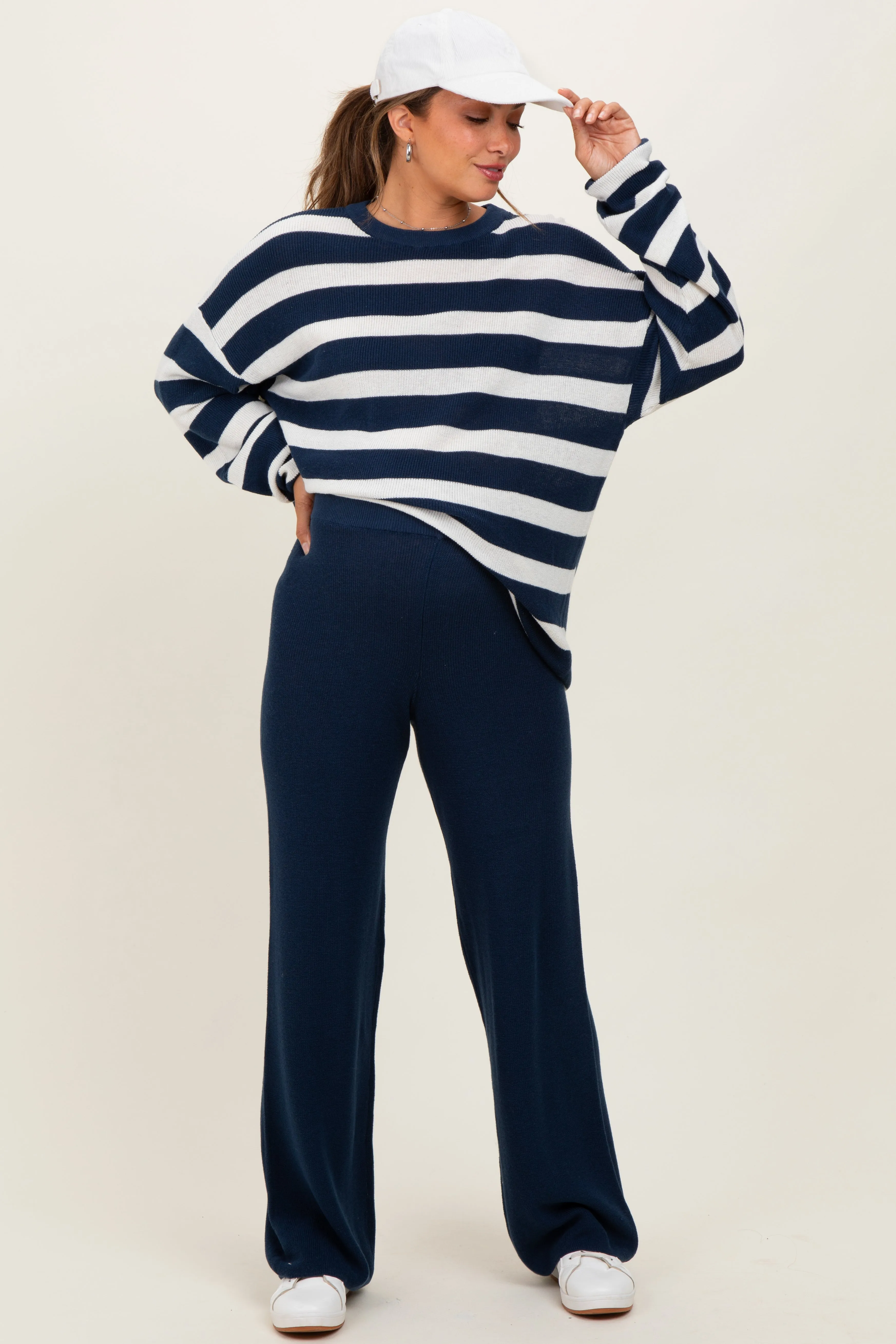 Navy Striped Long Sleeve Sweater Knit Pants Maternity Set sold by Pinkblush product image thumbnail 2