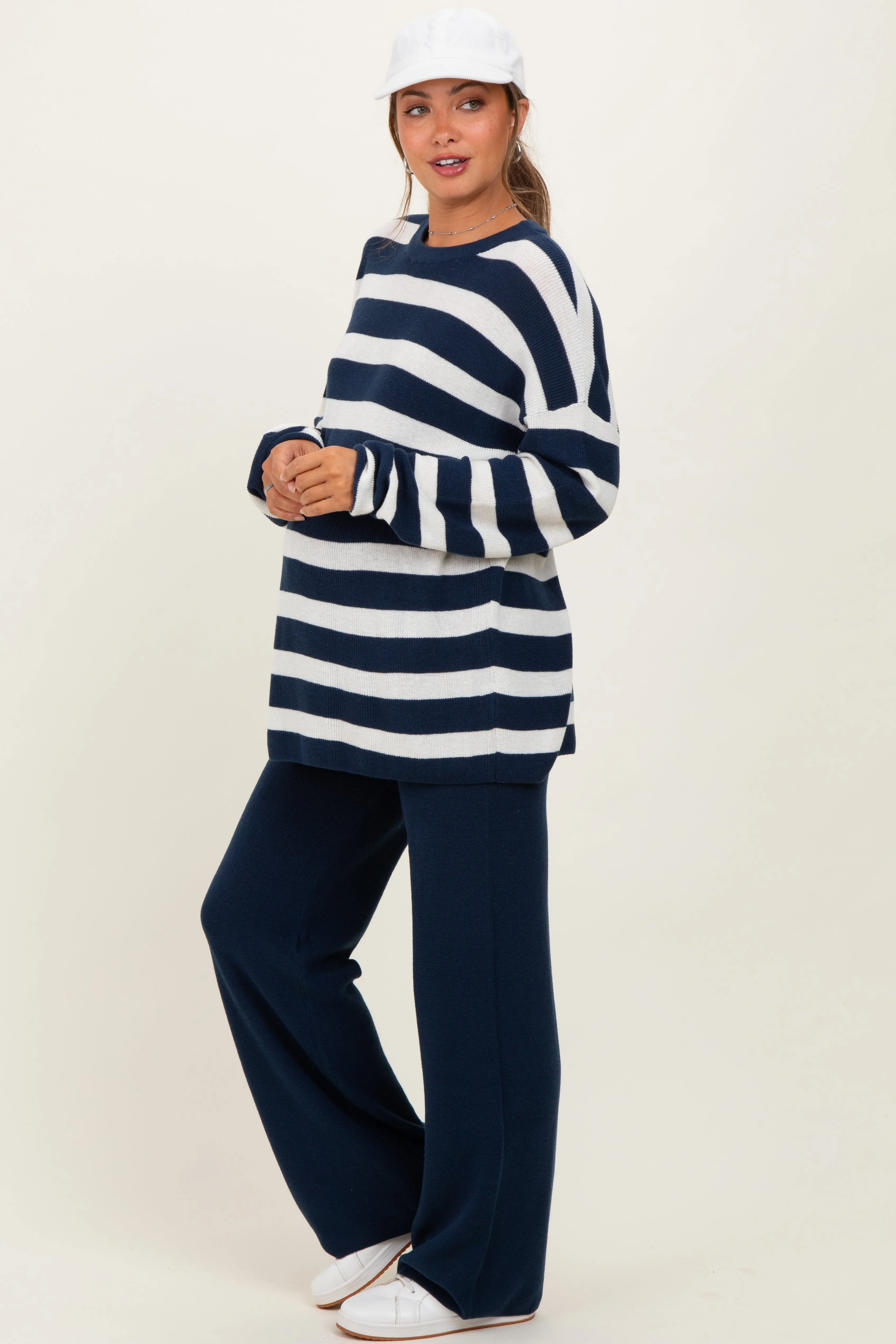 Navy Striped Long Sleeve Sweater Knit Pants Maternity Set sold by Pinkblush product image thumbnail 3