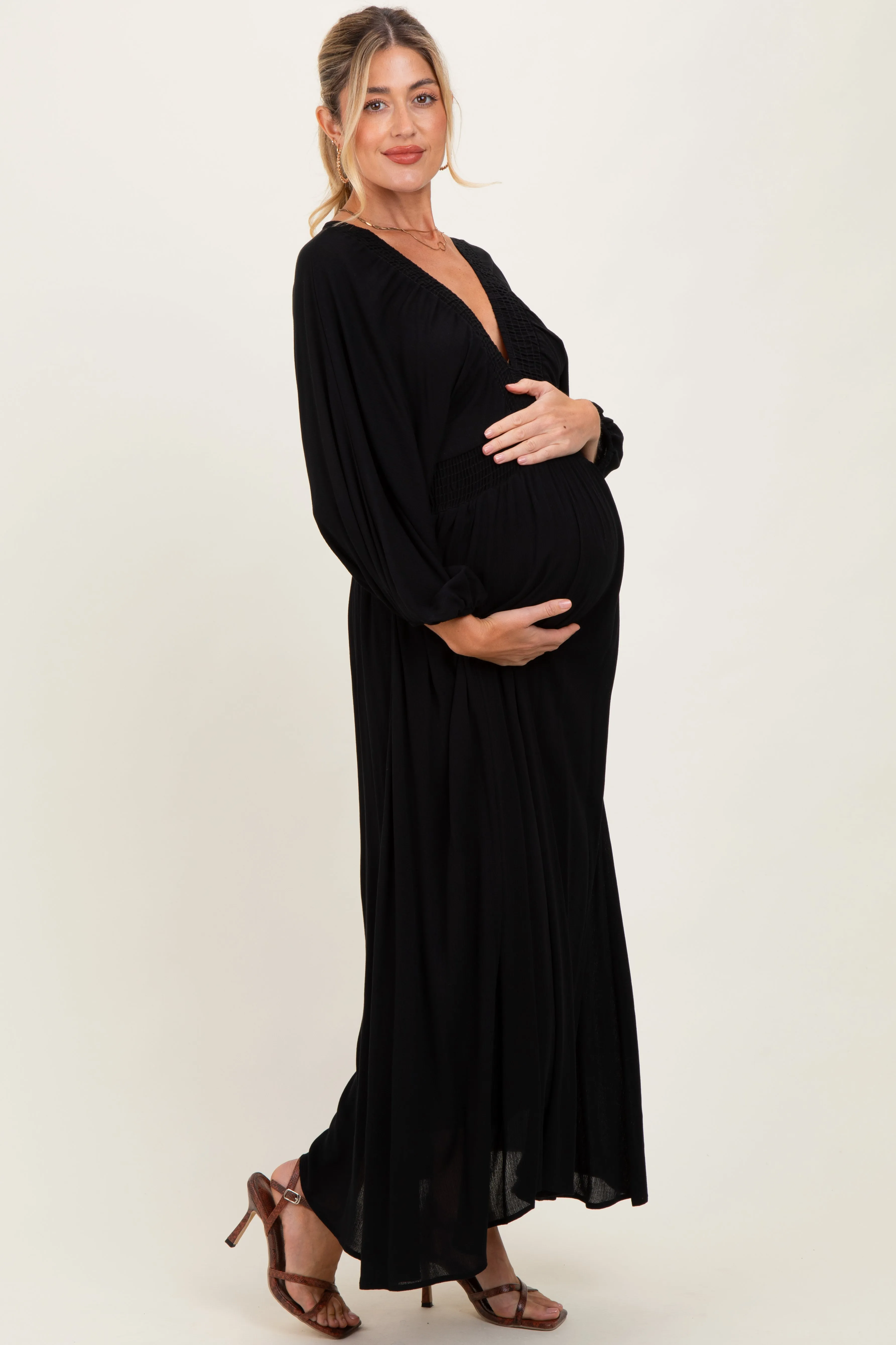 Black Solid Long Sleeve V-Neck Smocked Detail Maternity Maxi Dress sold by Pinkblush product image thumbnail 2
