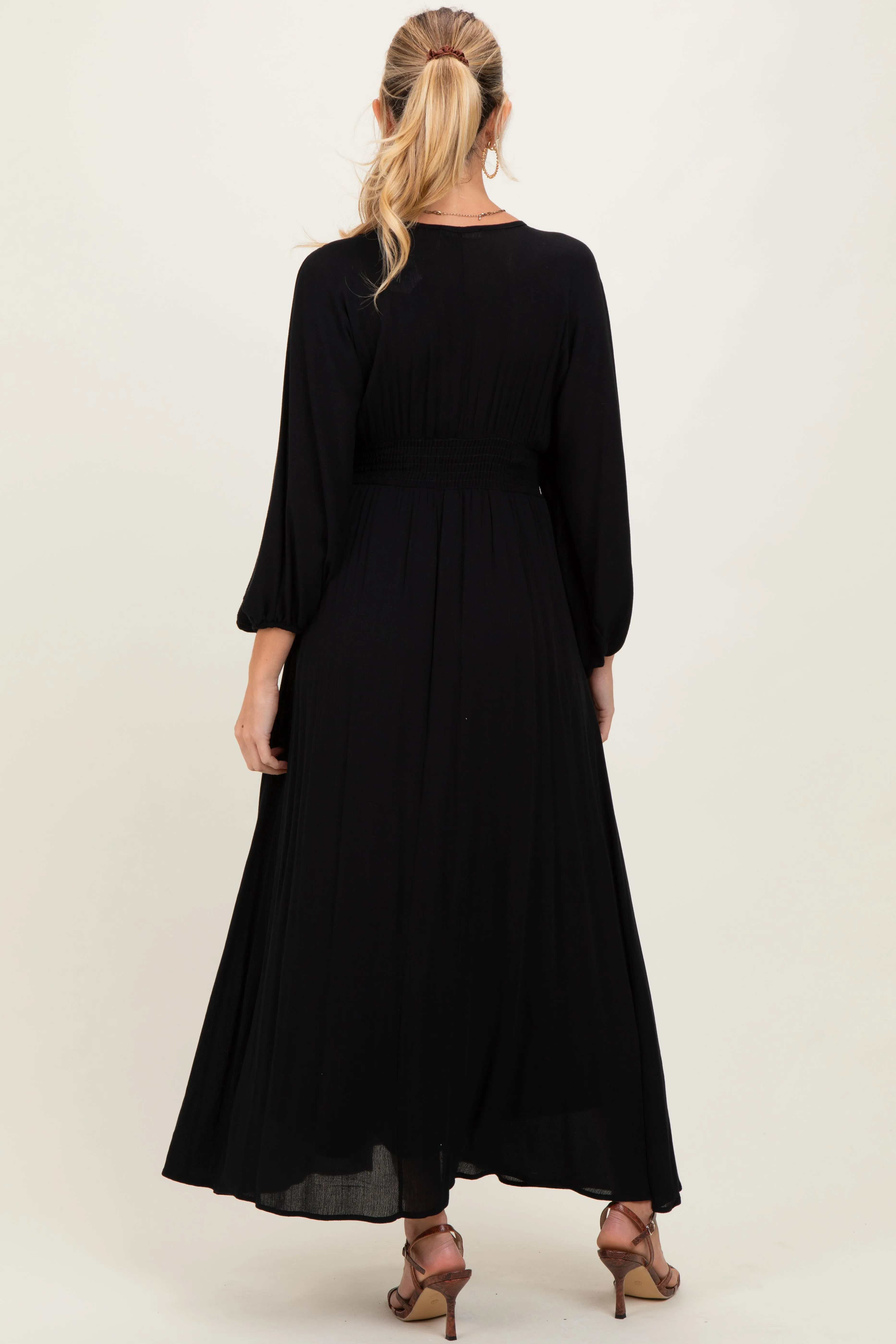 Black Solid Long Sleeve V-Neck Smocked Detail Maternity Maxi Dress sold by Pinkblush product image thumbnail 3