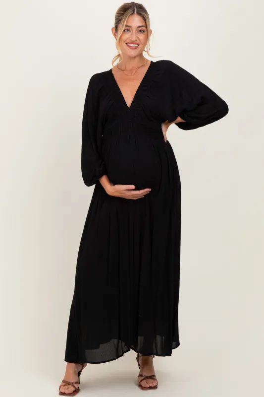 Black Solid Long Sleeve V-Neck Smocked Detail Maternity Maxi Dress sold by Pinkblush