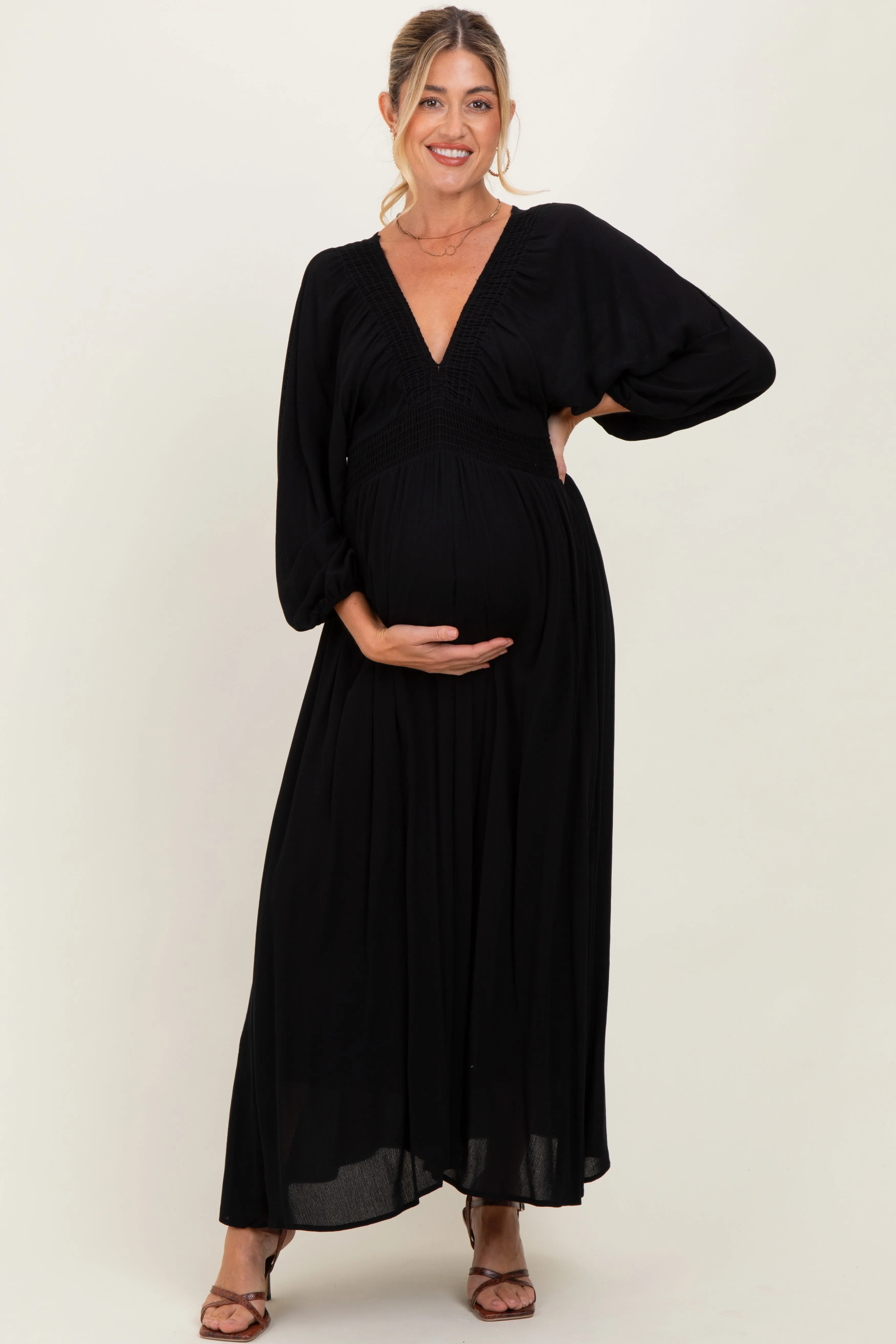 Black Solid Long Sleeve V-Neck Smocked Detail Maternity Maxi Dress sold by Pinkblush