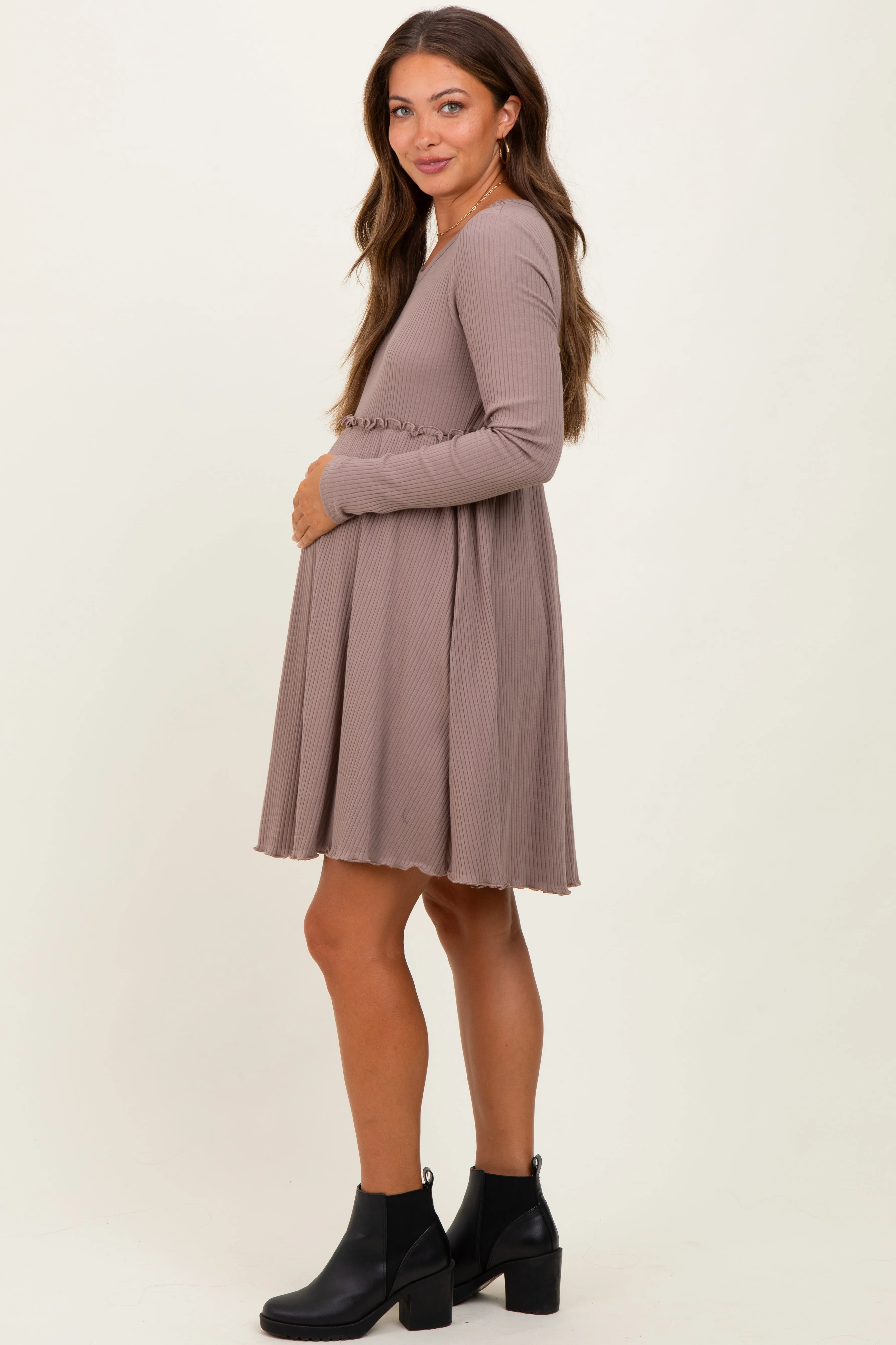 Mocha Solid Ribbed Long Sleeve Crewneck Shirring Maternity Mini Dress sold by Pinkblush product image thumbnail 3