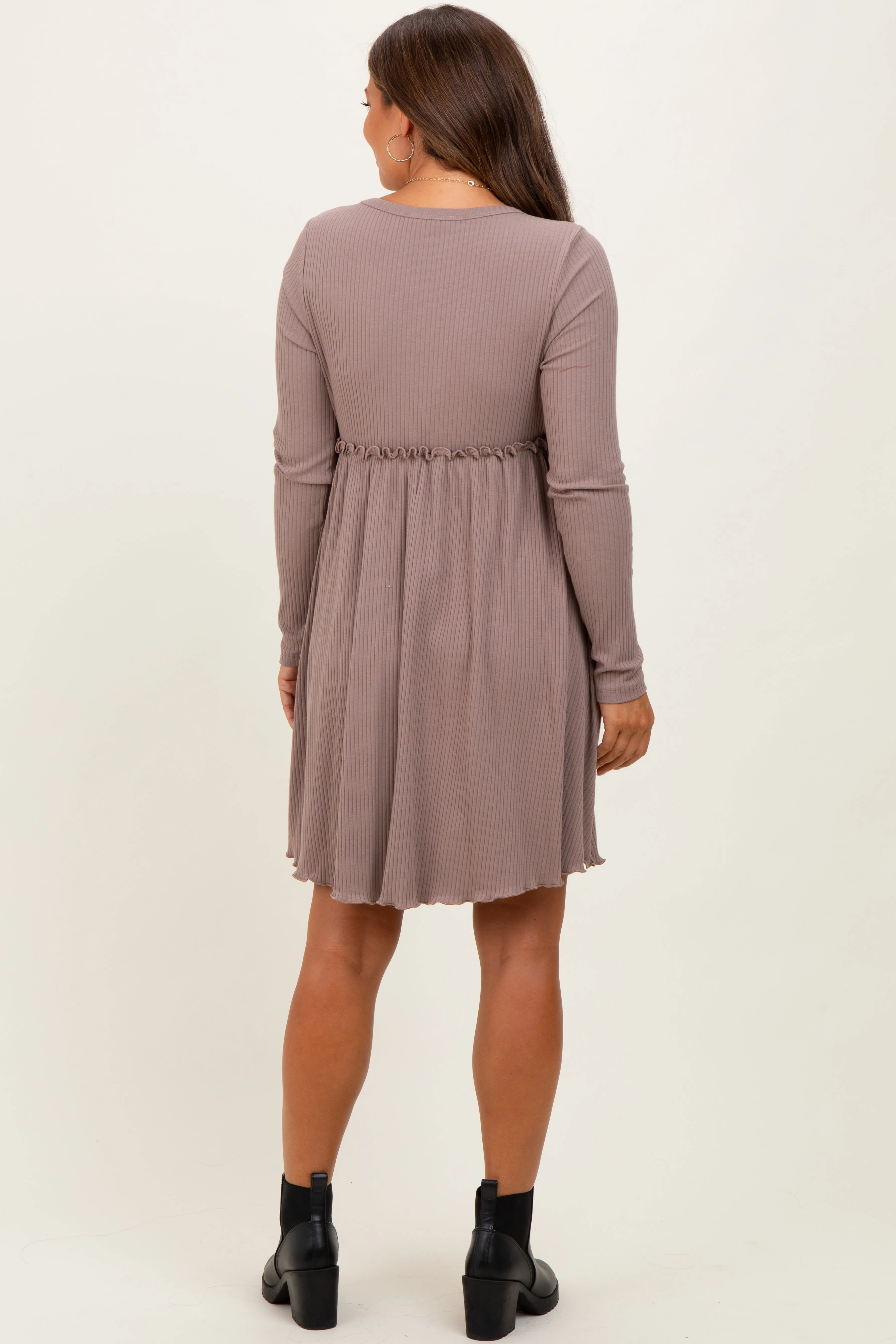 Mocha Solid Ribbed Long Sleeve Crewneck Shirring Maternity Mini Dress sold by Pinkblush product image thumbnail 4