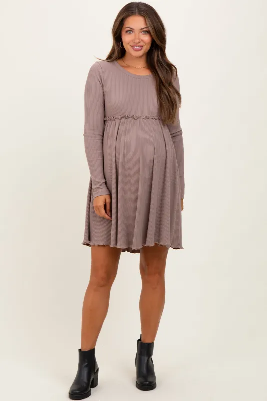 Mocha Solid Ribbed Long Sleeve Crewneck Shirring Maternity Mini Dress sold by Pinkblush