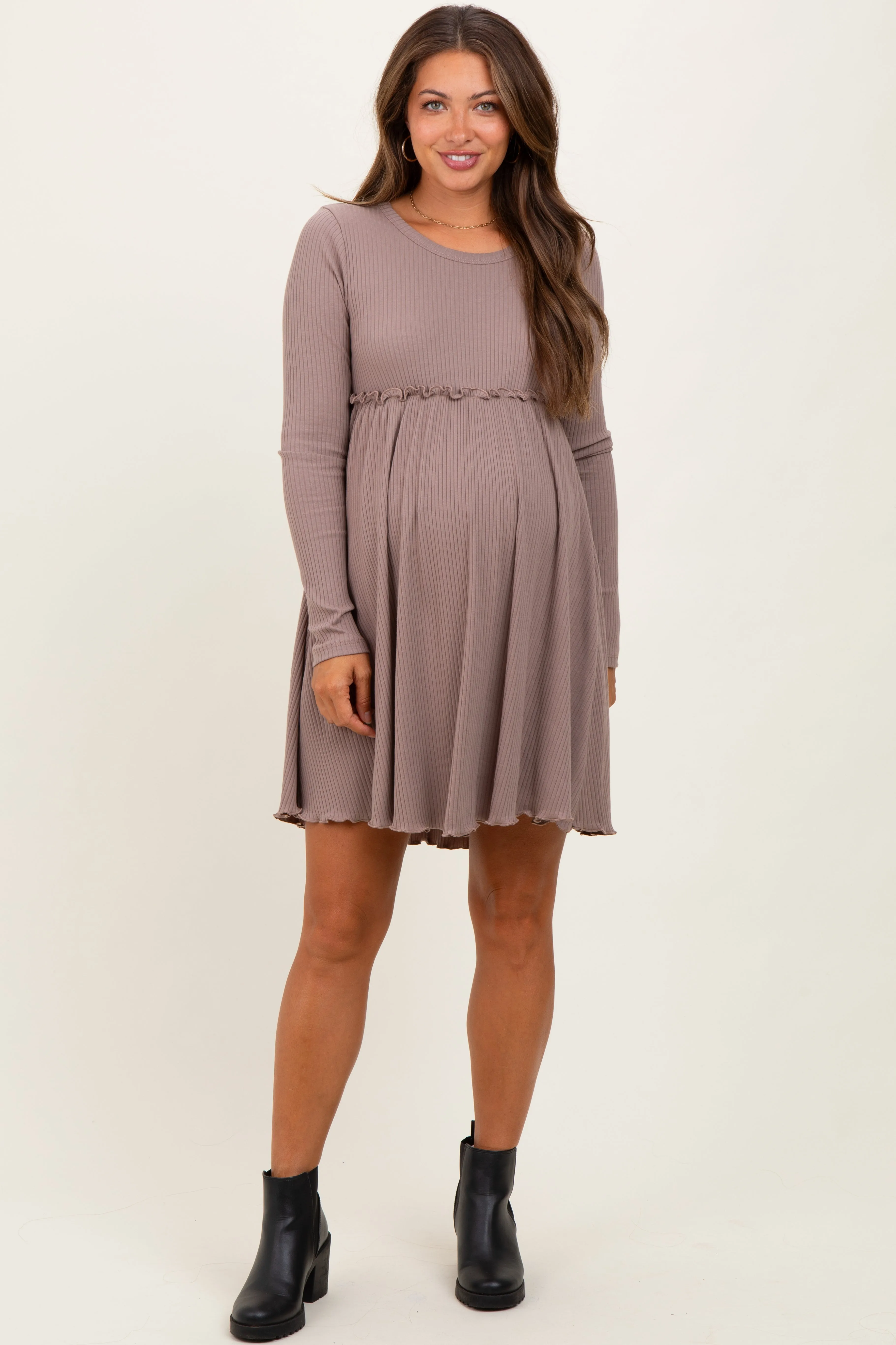 Mocha Solid Ribbed Long Sleeve Crewneck Shirring Maternity Mini Dress sold by Pinkblush
