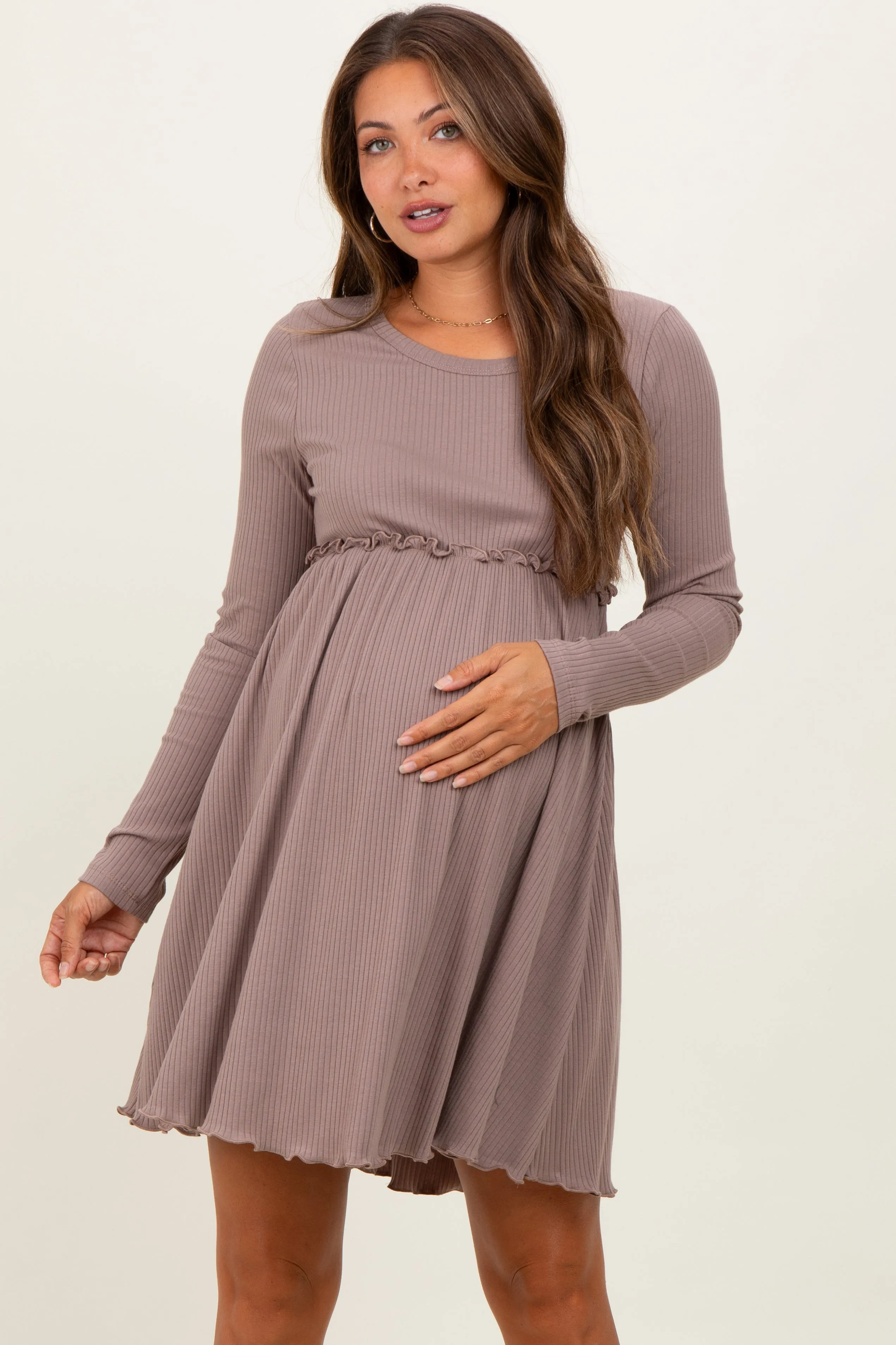 Mocha Solid Ribbed Long Sleeve Crewneck Shirring Maternity Mini Dress sold by Pinkblush product image thumbnail 2