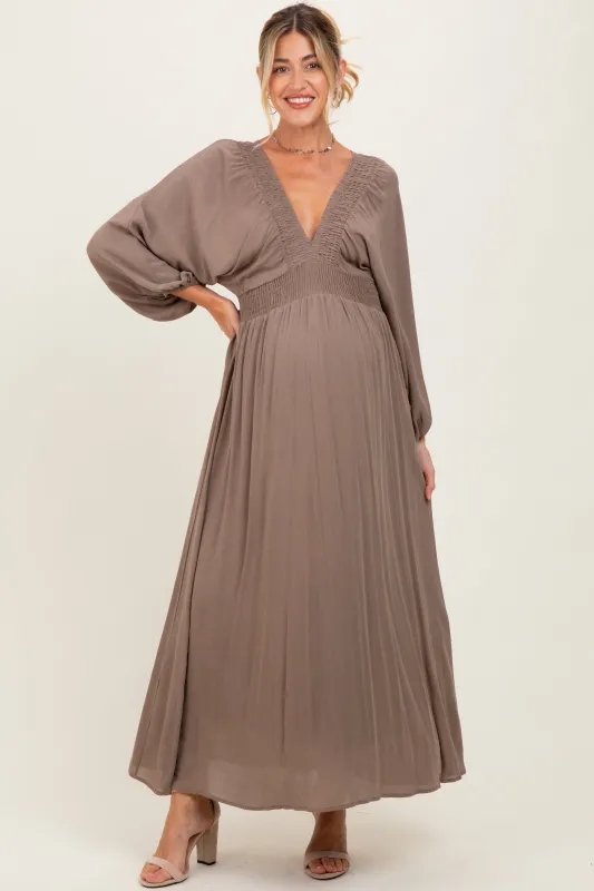 Mocha Solid Long Sleeve V-Neck Smocked Detail Maternity Maxi Dress sold by Pinkblush