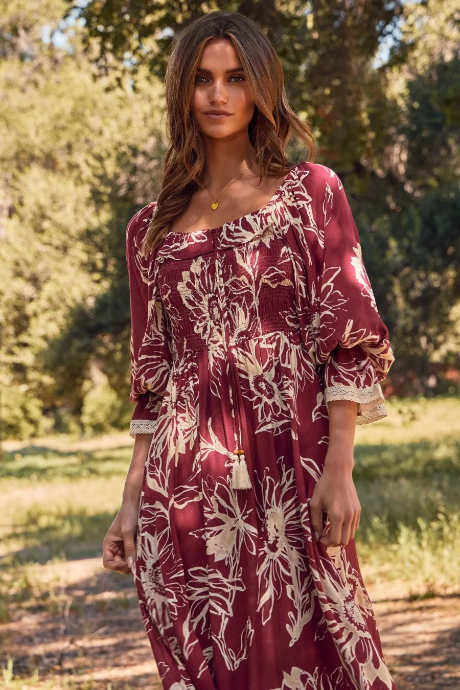 Burgundy Floral Smocked 3/4 Sleeve Midi Dress sold by Pinkblush product image thumbnail 2