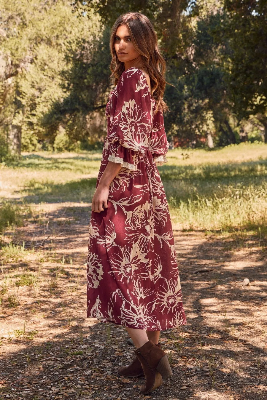 Burgundy Floral Smocked 3/4 Sleeve Midi Dress sold by Pinkblush product image thumbnail 3