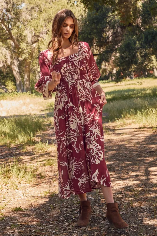 Burgundy Floral Smocked 3/4 Sleeve Midi Dress sold by Pinkblush