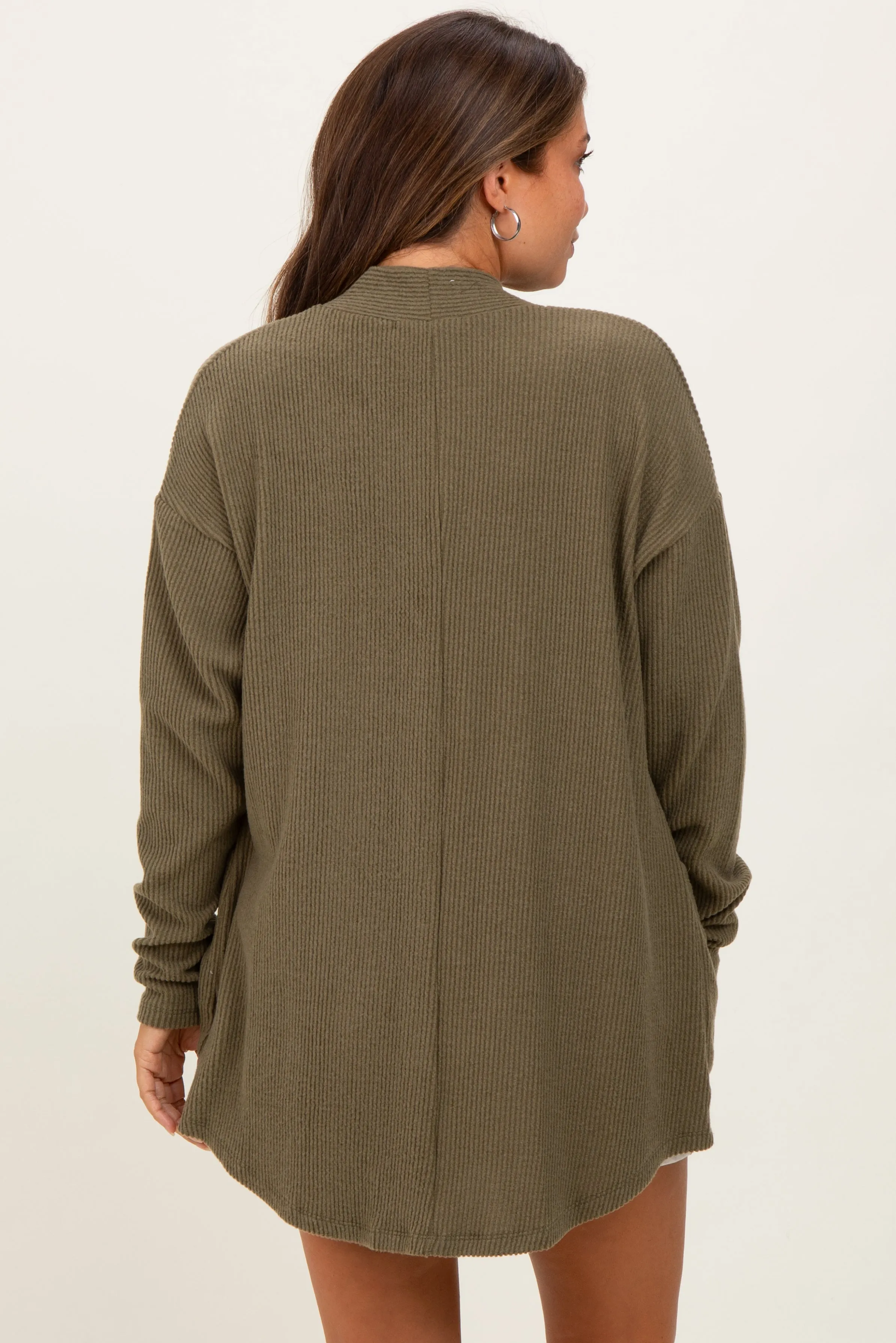 Olive Solid Ribbed Long Sleeve Open Front Pocket Maternity Cardigan sold by Pinkblush product image thumbnail 4