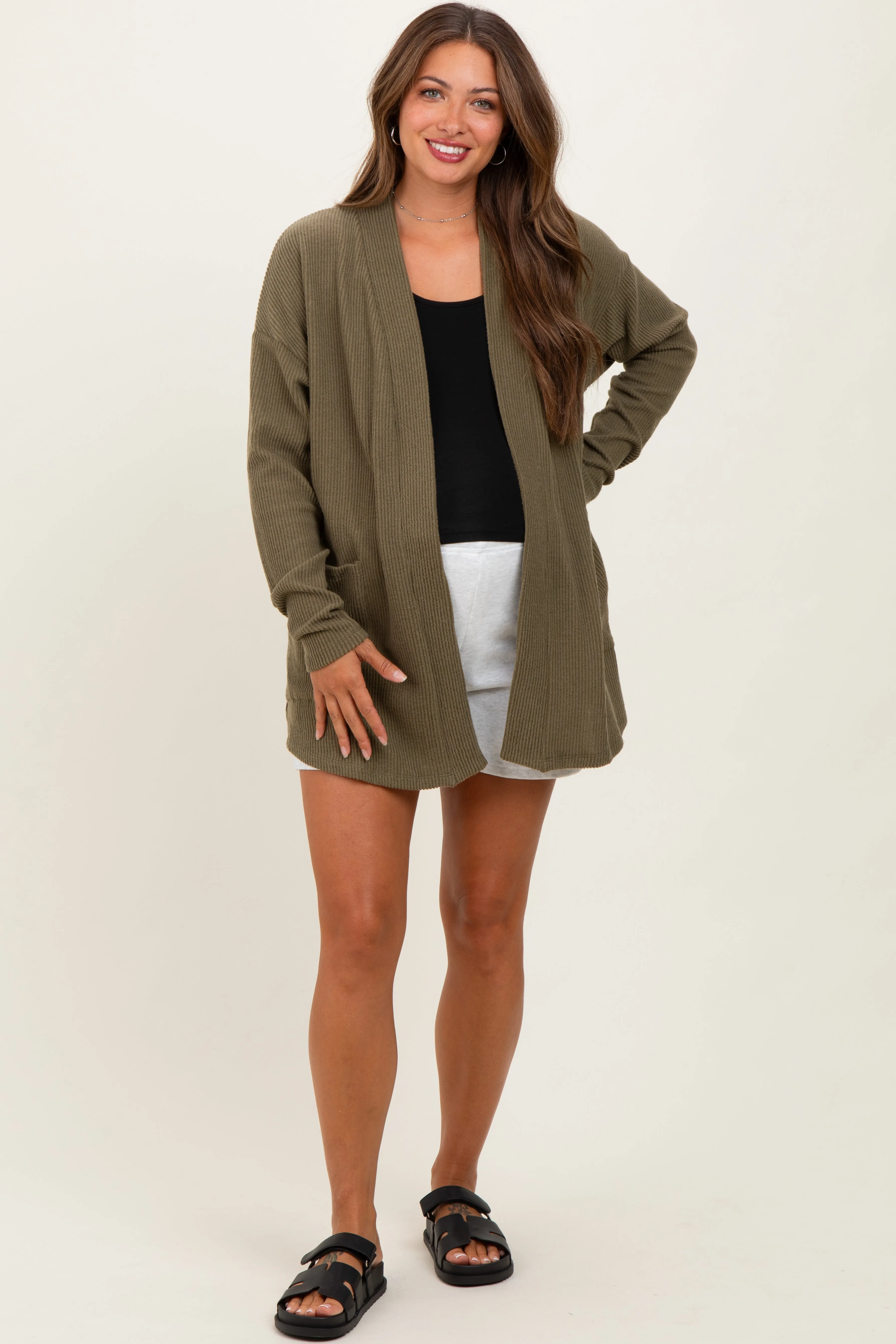 Olive Solid Ribbed Long Sleeve Open Front Pocket Maternity Cardigan sold by Pinkblush