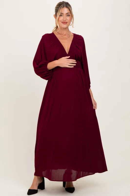 Burgundy Solid Long Sleeve V-Neck Smocked Detail Maternity Maxi Dress sold by Pinkblush