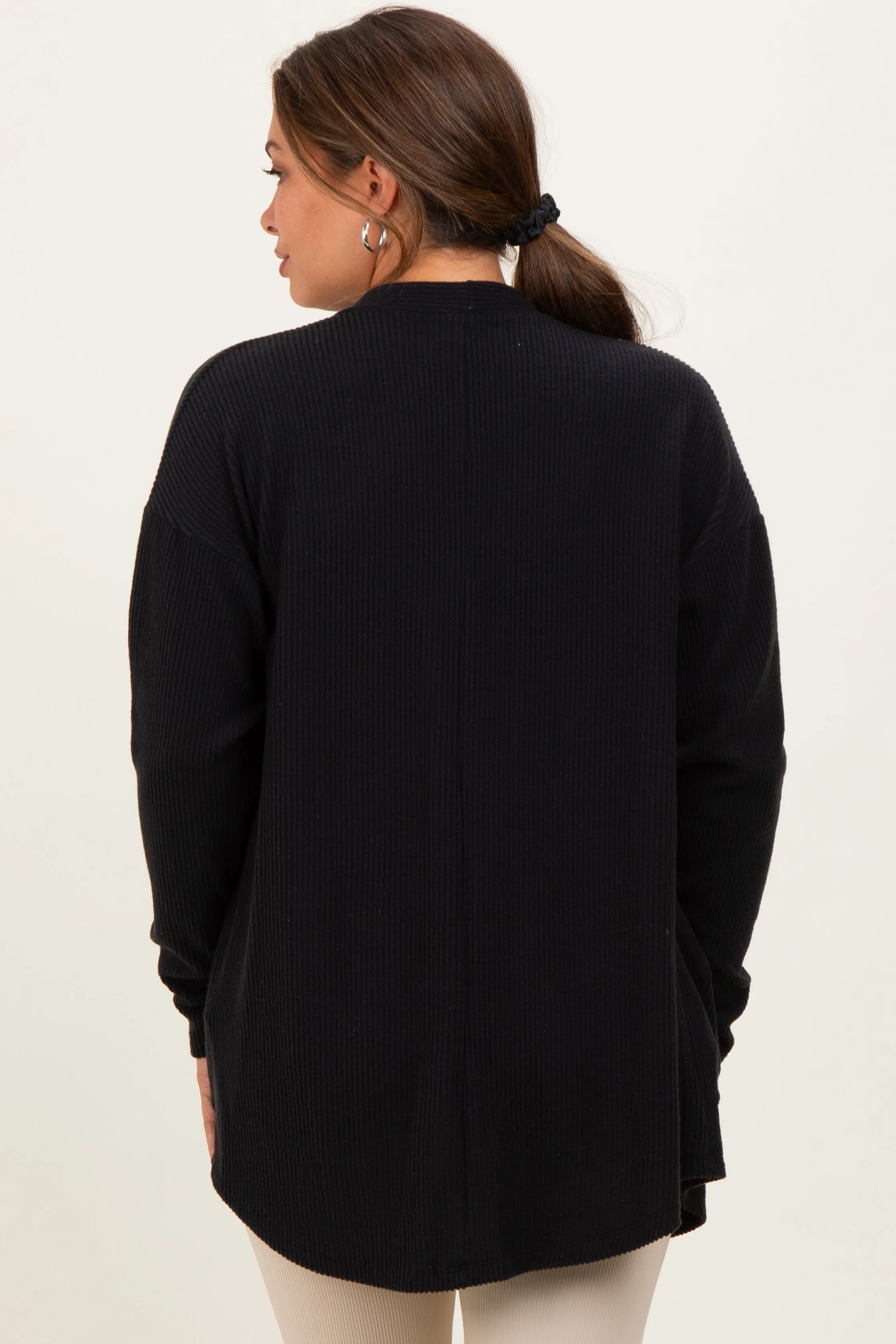 Black Solid Ribbed Long Sleeve Open Front Pocket Maternity Cardigan sold by Pinkblush product image thumbnail 4