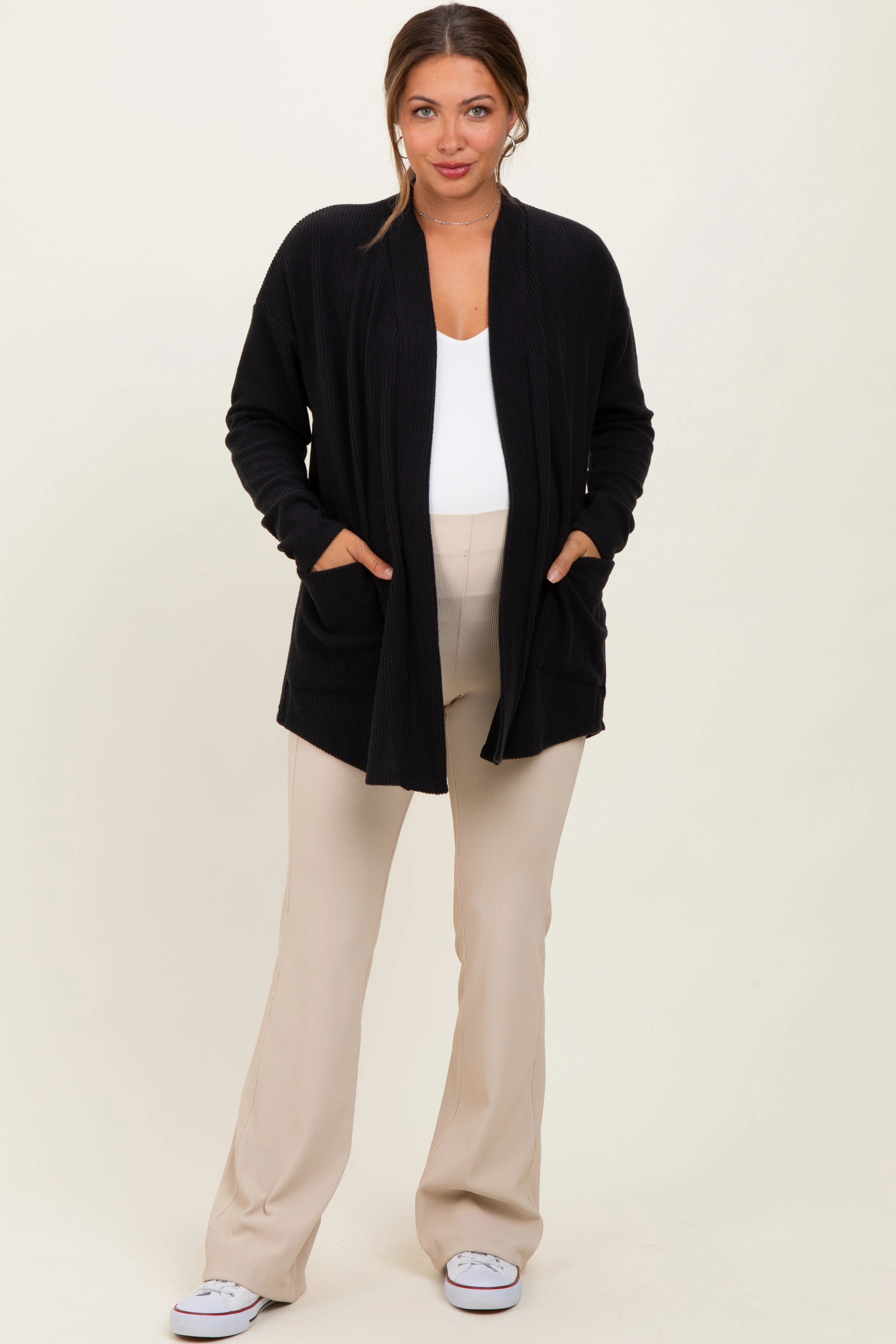 Black Solid Ribbed Long Sleeve Open Front Pocket Maternity Cardigan sold by Pinkblush