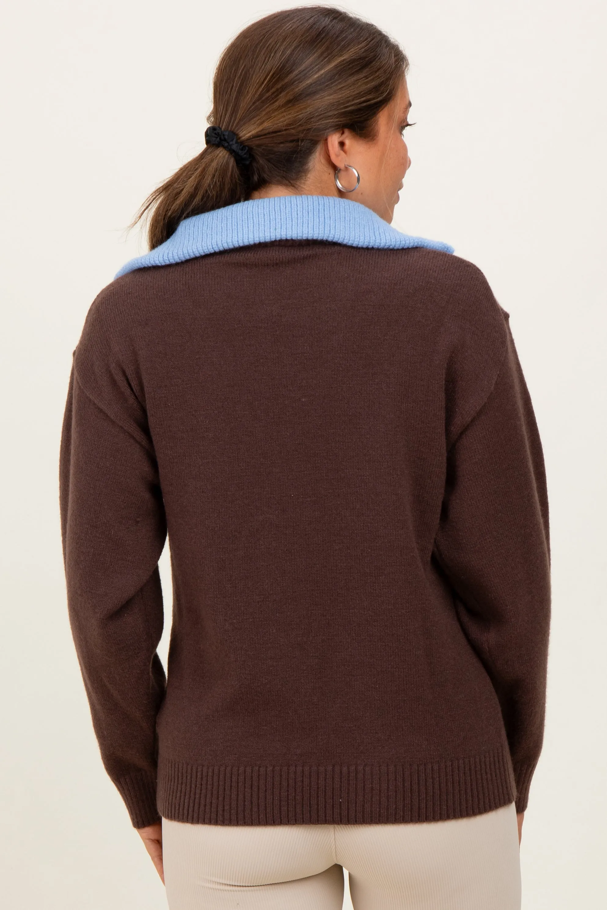 Brown Contrast Collar Half Zip Maternity Sweater sold by Pinkblush product image thumbnail 4