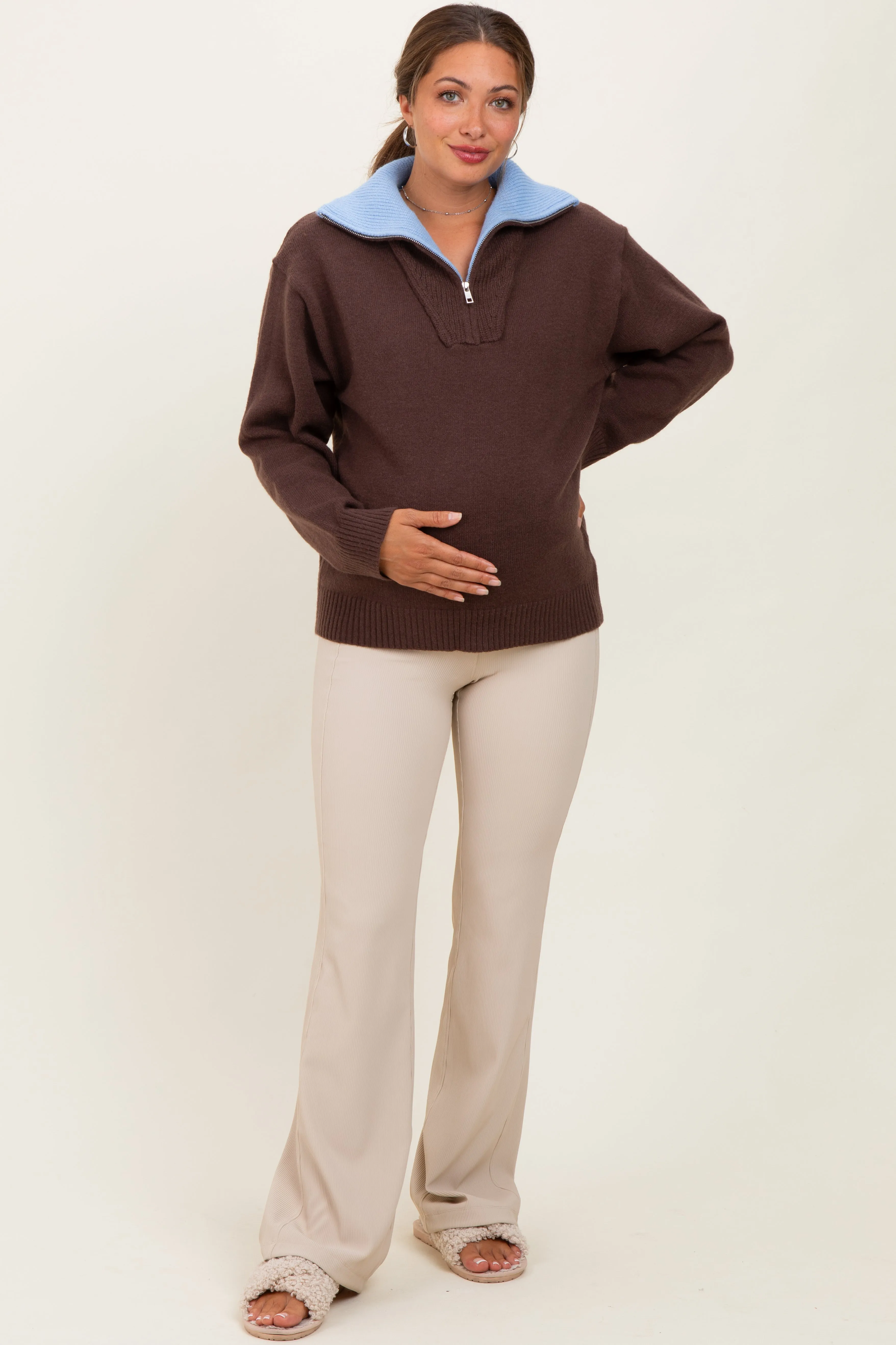 Brown Contrast Collar Half Zip Maternity Sweater sold by Pinkblush product image thumbnail 2