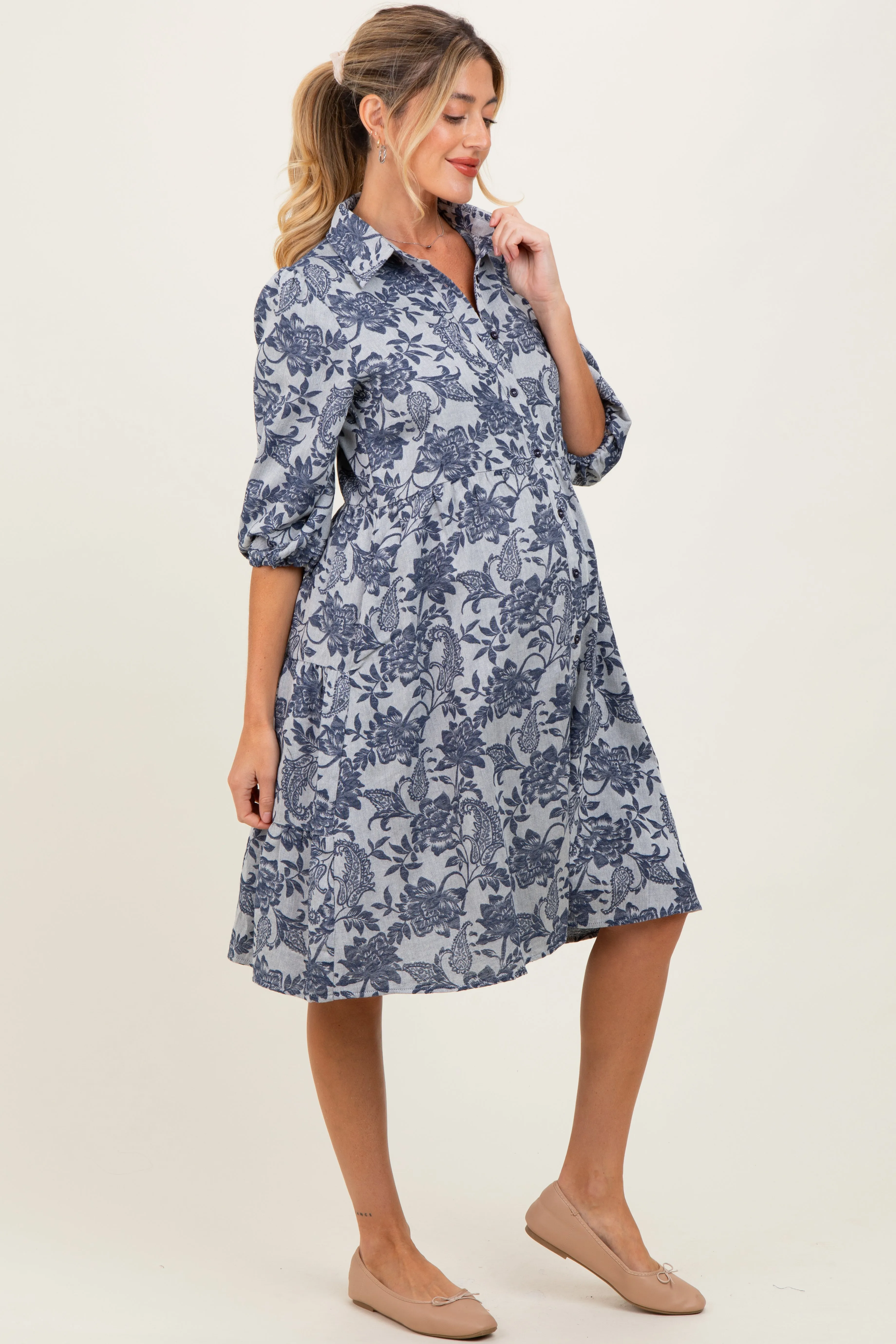 Navy Floral Button Down 3/4 Sleeve Maternity Midi Dress sold by Pinkblush product image thumbnail 2