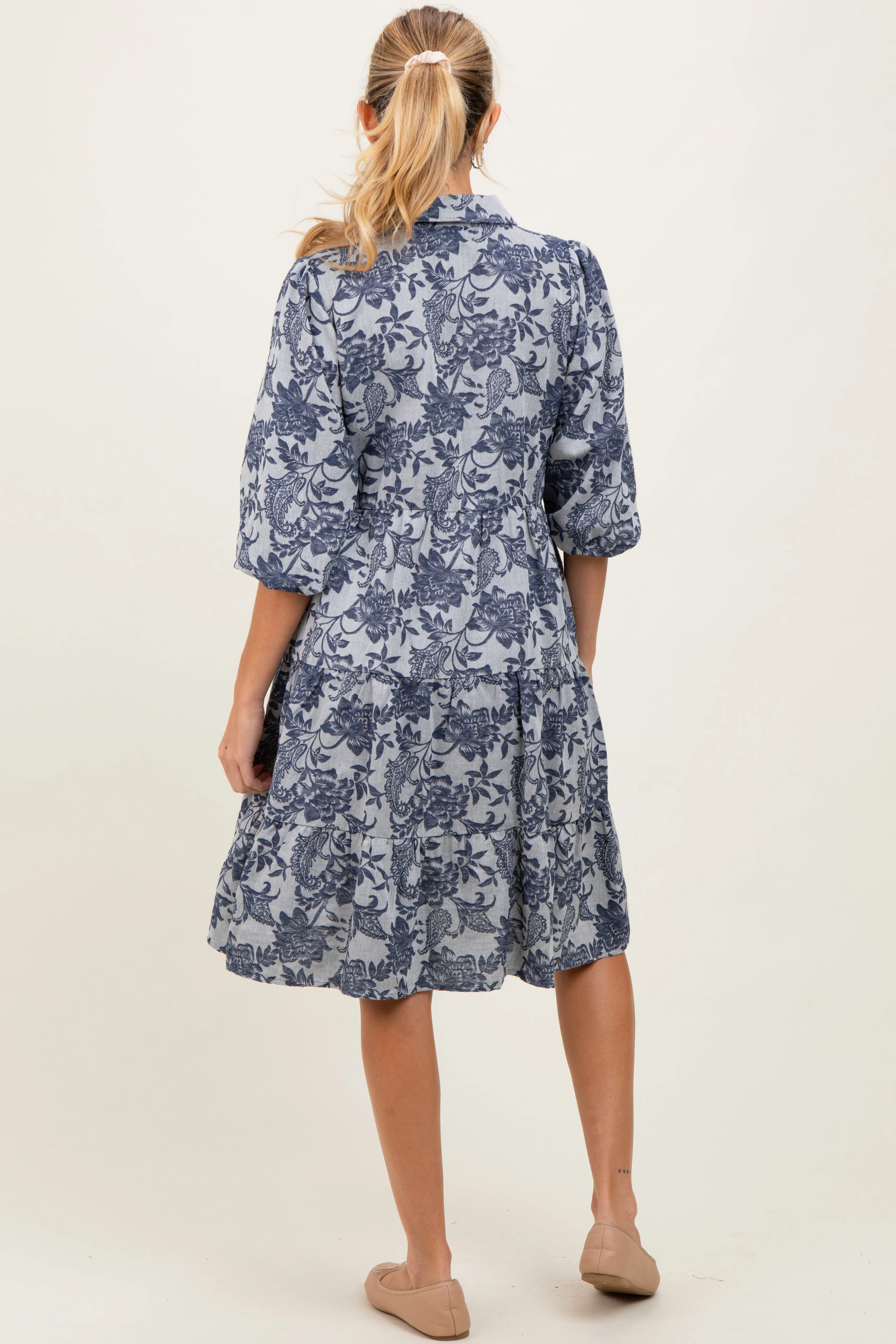 Navy Floral Button Down 3/4 Sleeve Maternity Midi Dress sold by Pinkblush product image thumbnail 3