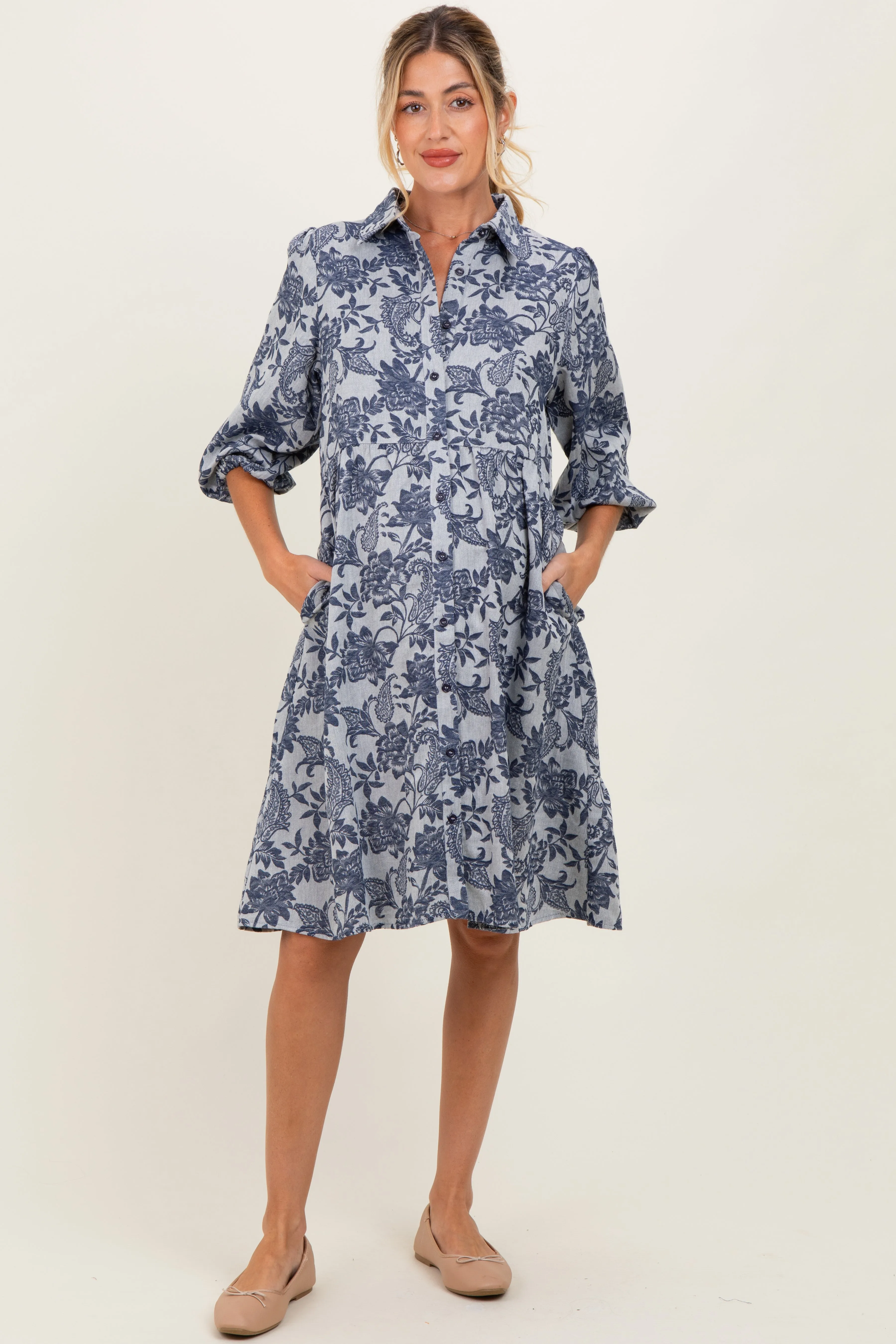 Navy Floral Button Down 3/4 Sleeve Maternity Midi Dress sold by Pinkblush