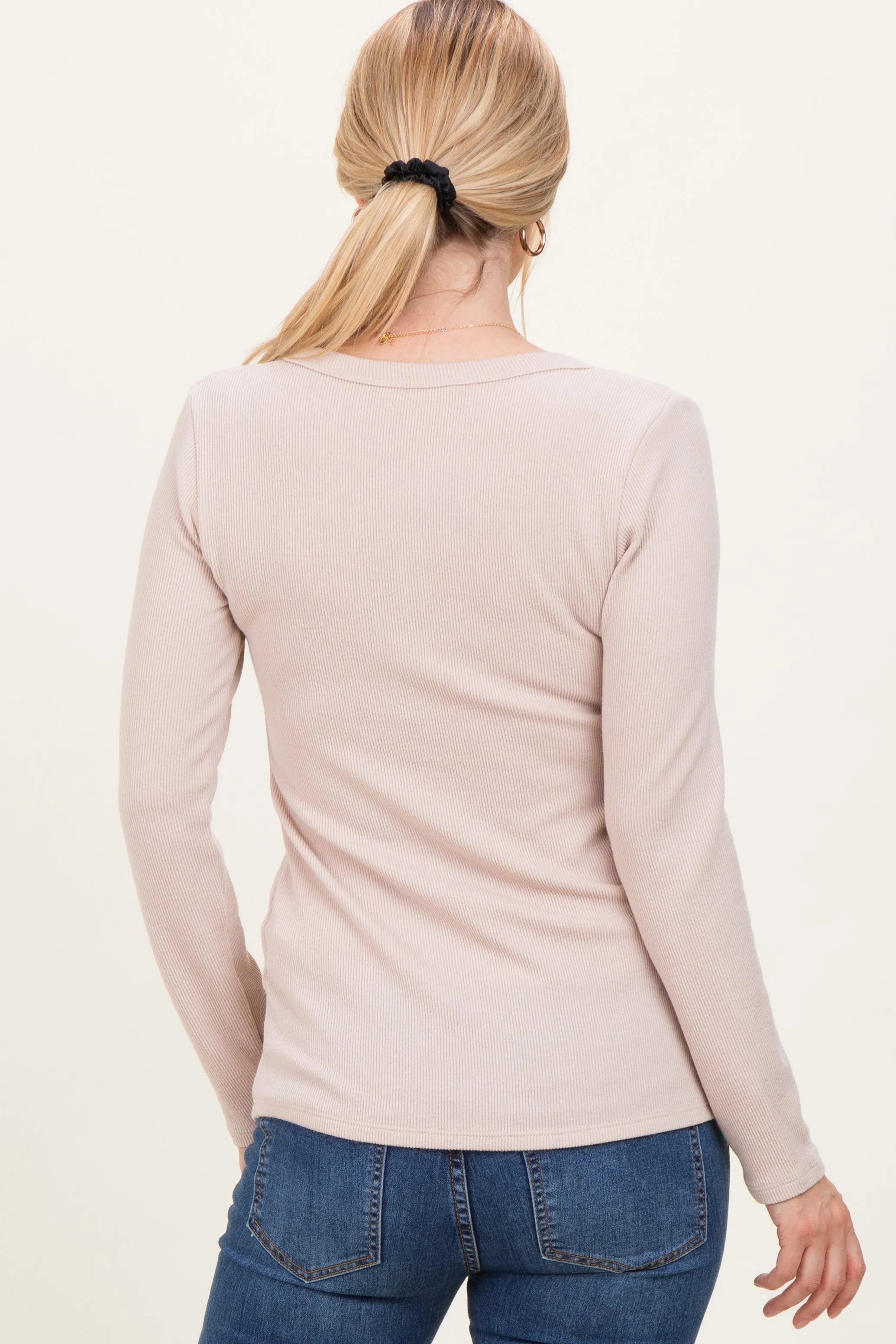 Taupe Ribbed Long Sleeve Henley Top sold by Pinkblush product image thumbnail 4
