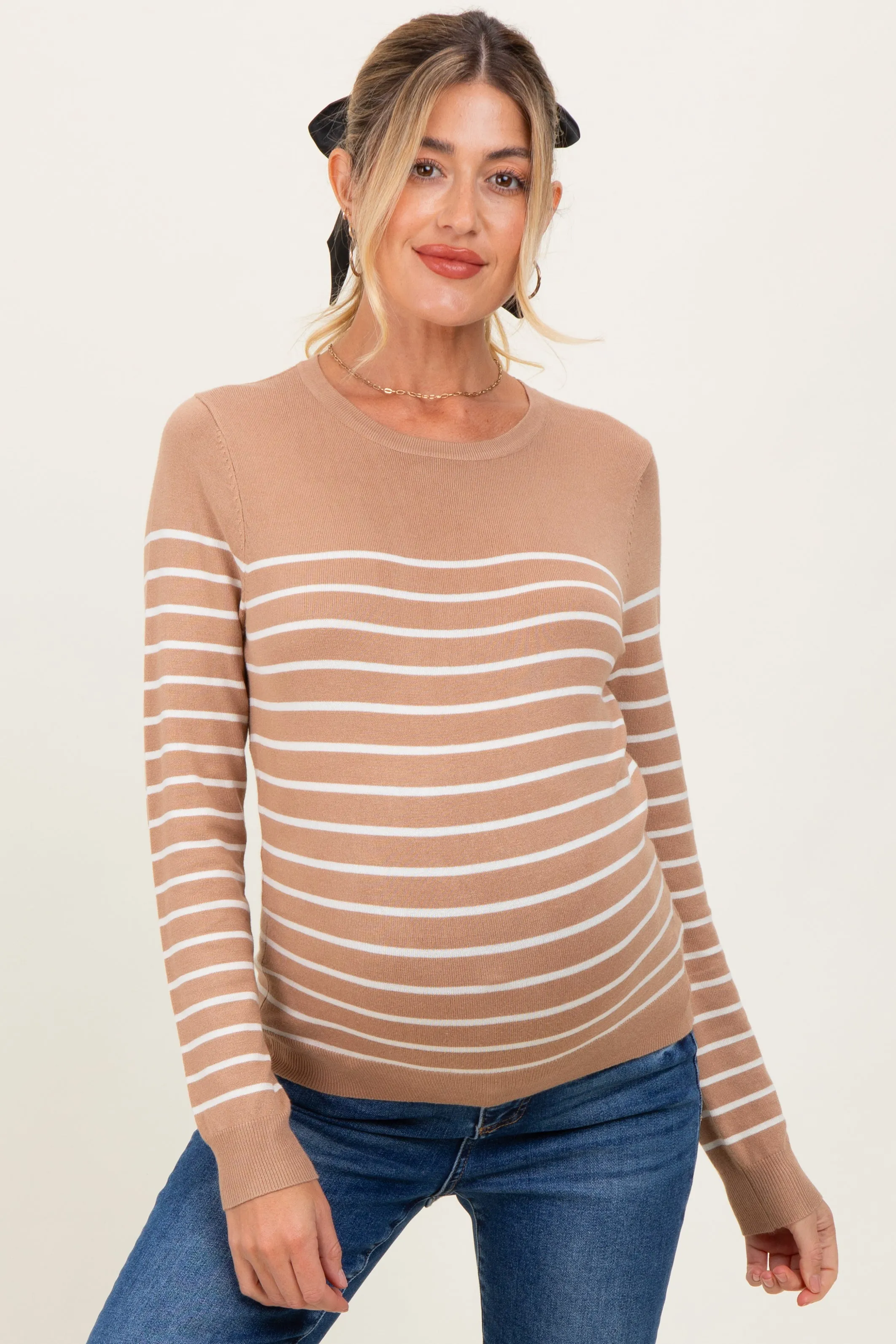 Camel Striped Knit Maternity Long Sleeve Top sold by Pinkblush
