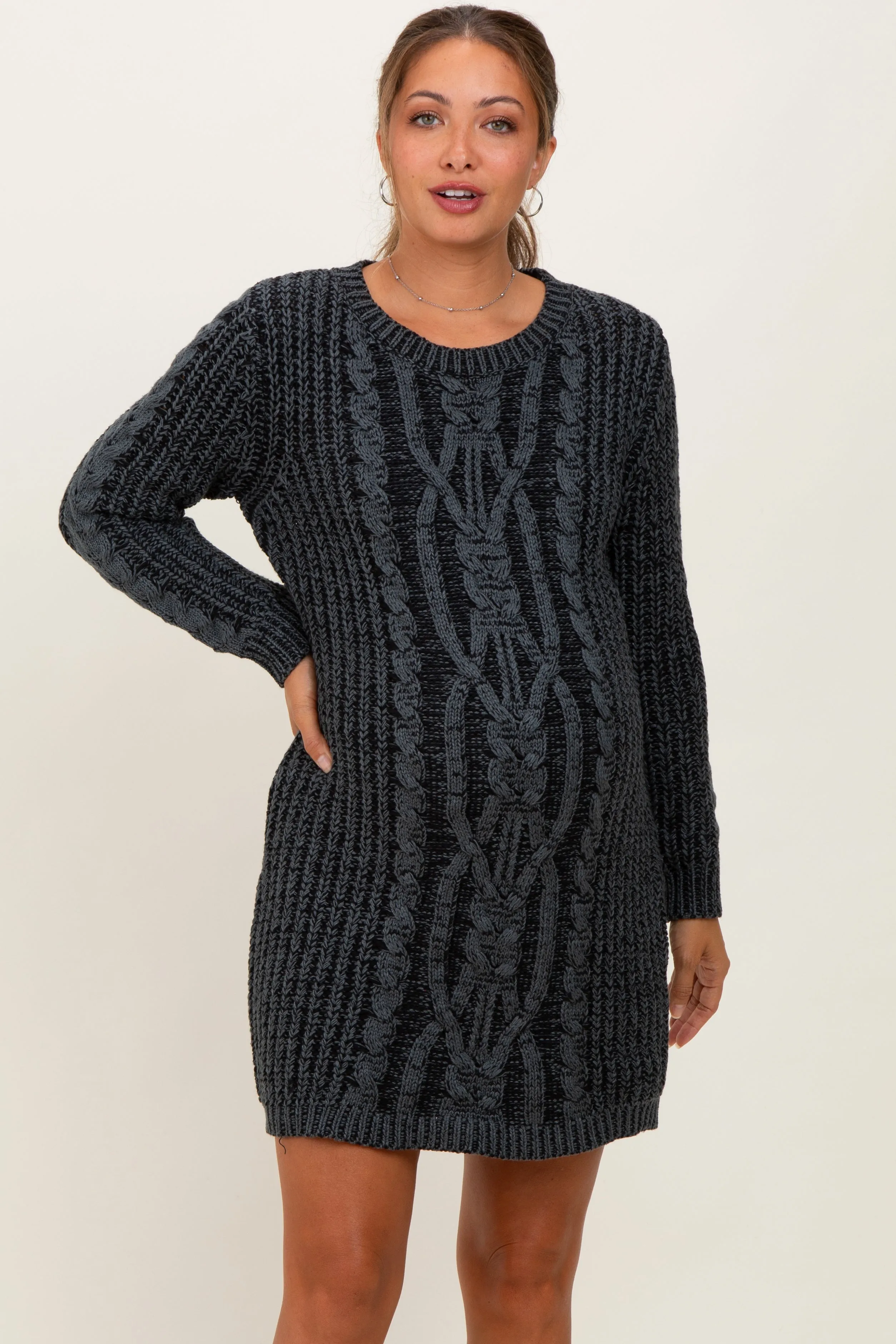Black Two Tone Cable Knit Maternity Mini Sweater Dress sold by Pinkblush product image thumbnail 2