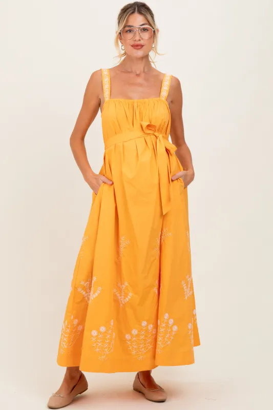Orange Embroidered Sleeveless Sash Tie Maternity Maxi Dress sold by Pinkblush