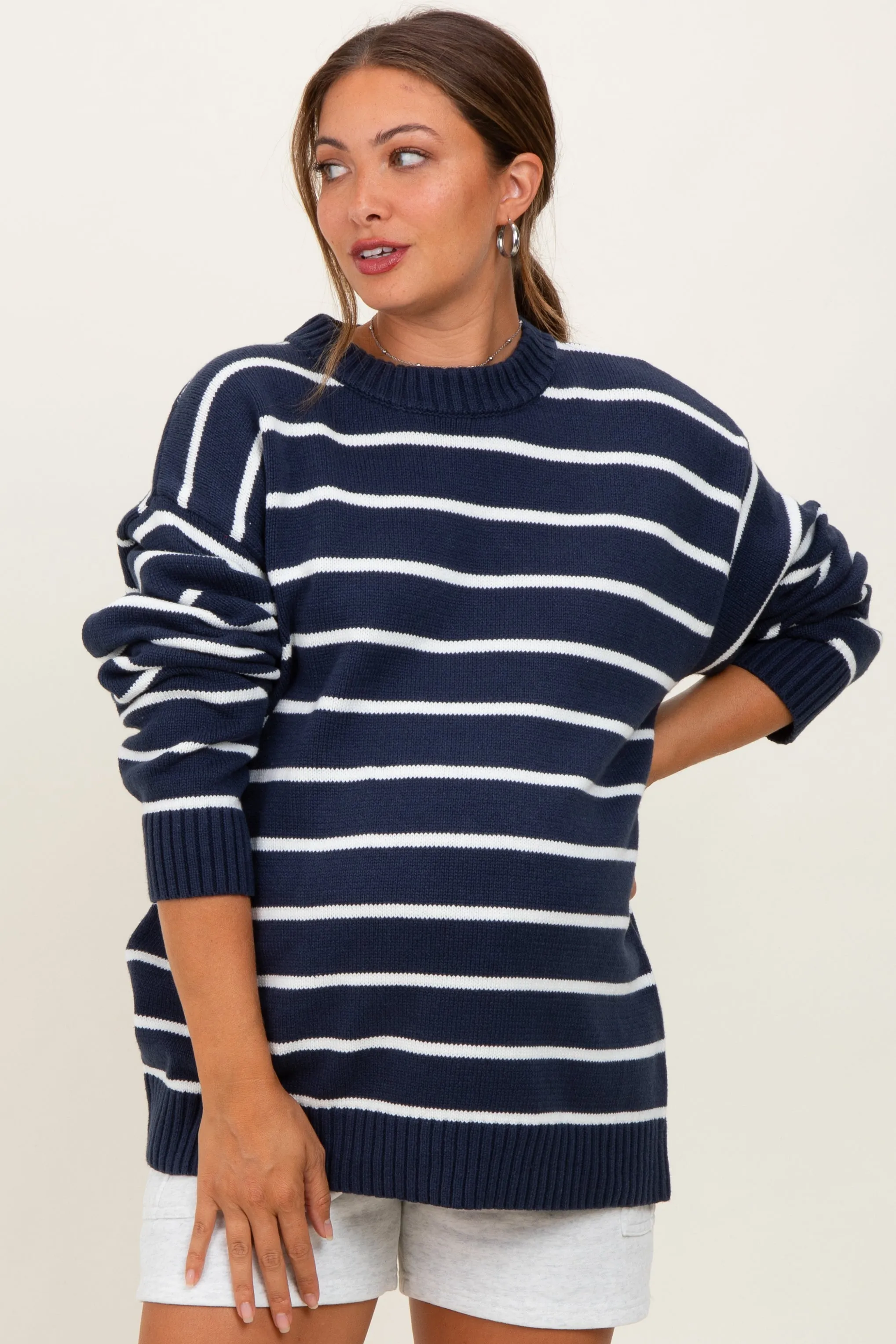 Navy Striped Oversized Maternity Sweater sold by Pinkblush