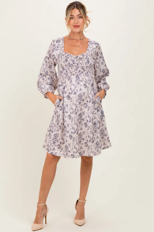 Cream Floral Sweetheart Neck Smocked Maternity Dress sold by Pinkblush