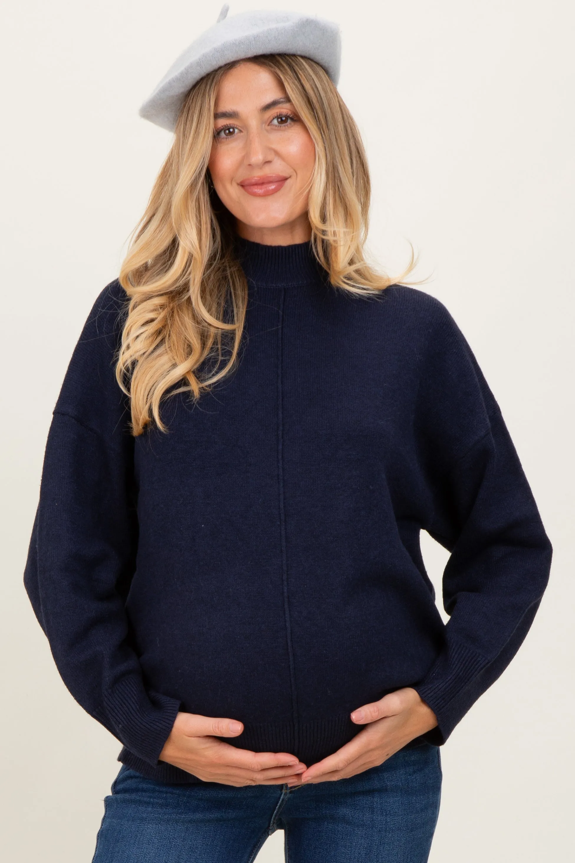 Navy Front Seam Mock Neck Maternity Sweater sold by Pinkblush