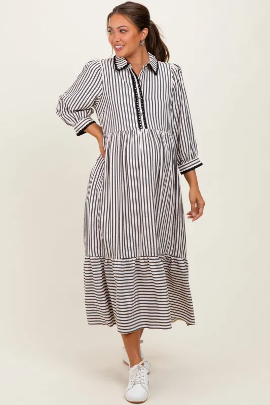 Black Striped Scallop Trim 3/4 Sleeve Maternity Midi Dress sold by Pinkblush