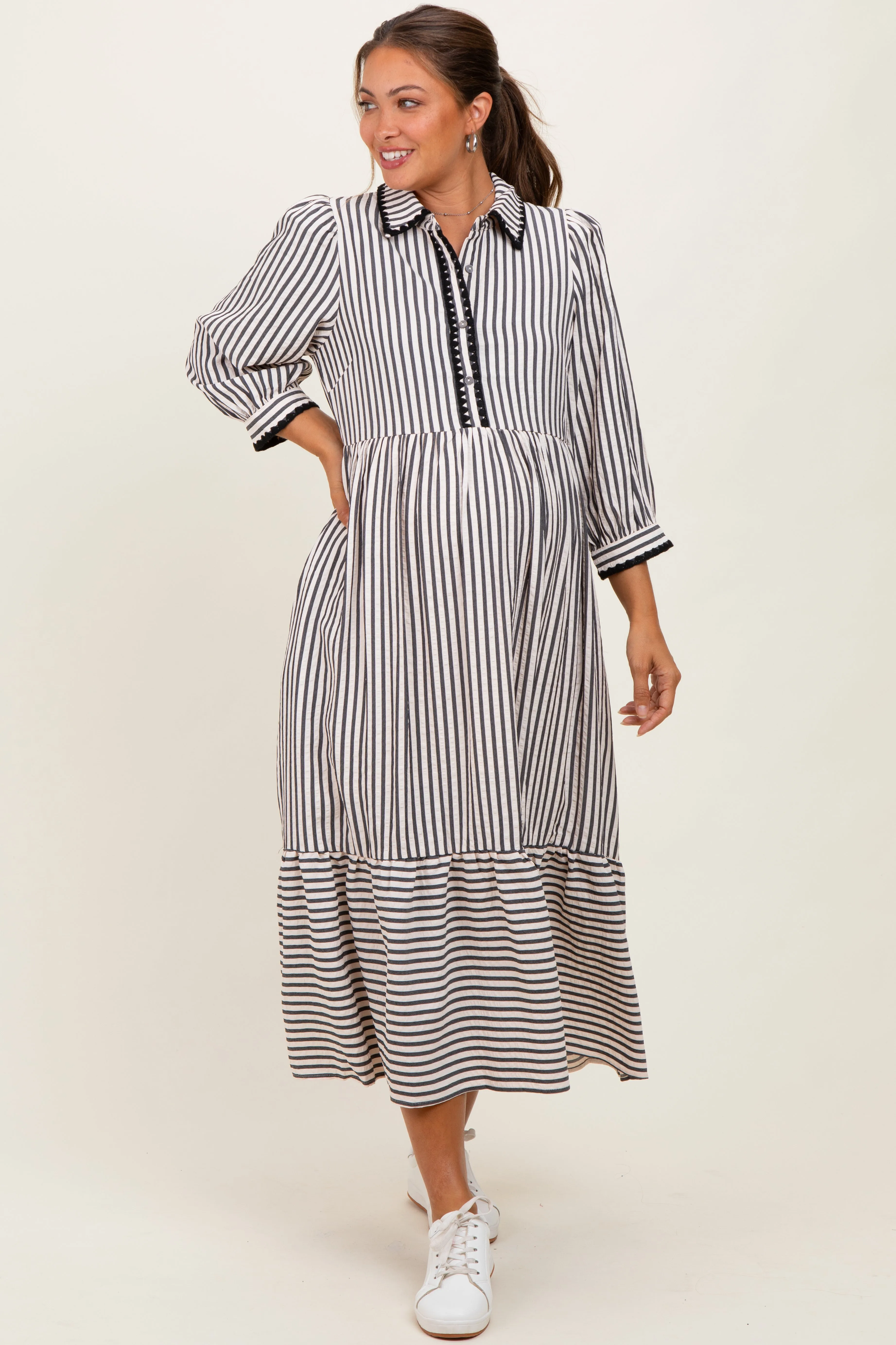 Black Striped Scallop Trim 3/4 Sleeve Maternity Midi Dress sold by Pinkblush