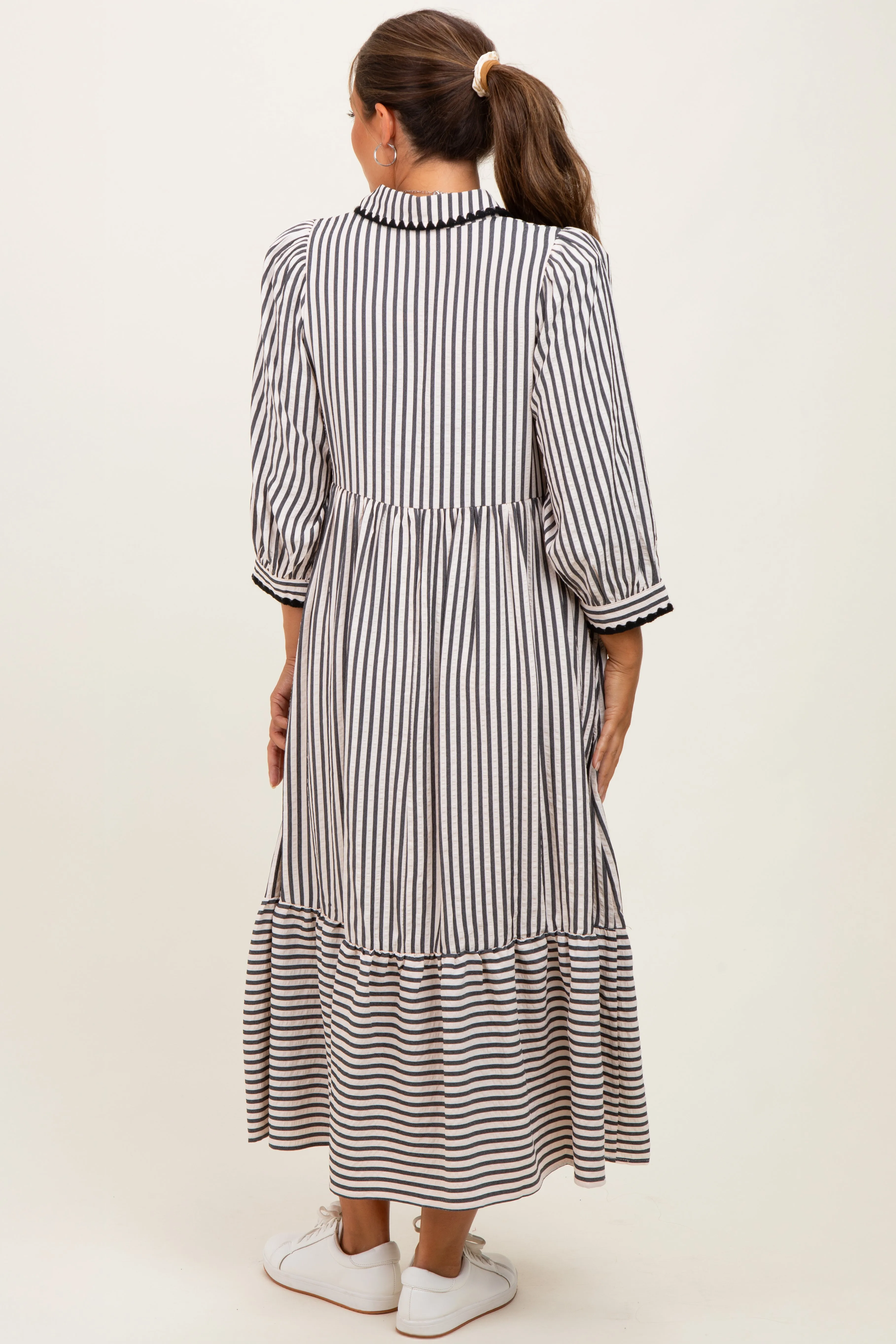 Black Striped Scallop Trim 3/4 Sleeve Maternity Midi Dress sold by Pinkblush product image thumbnail 2