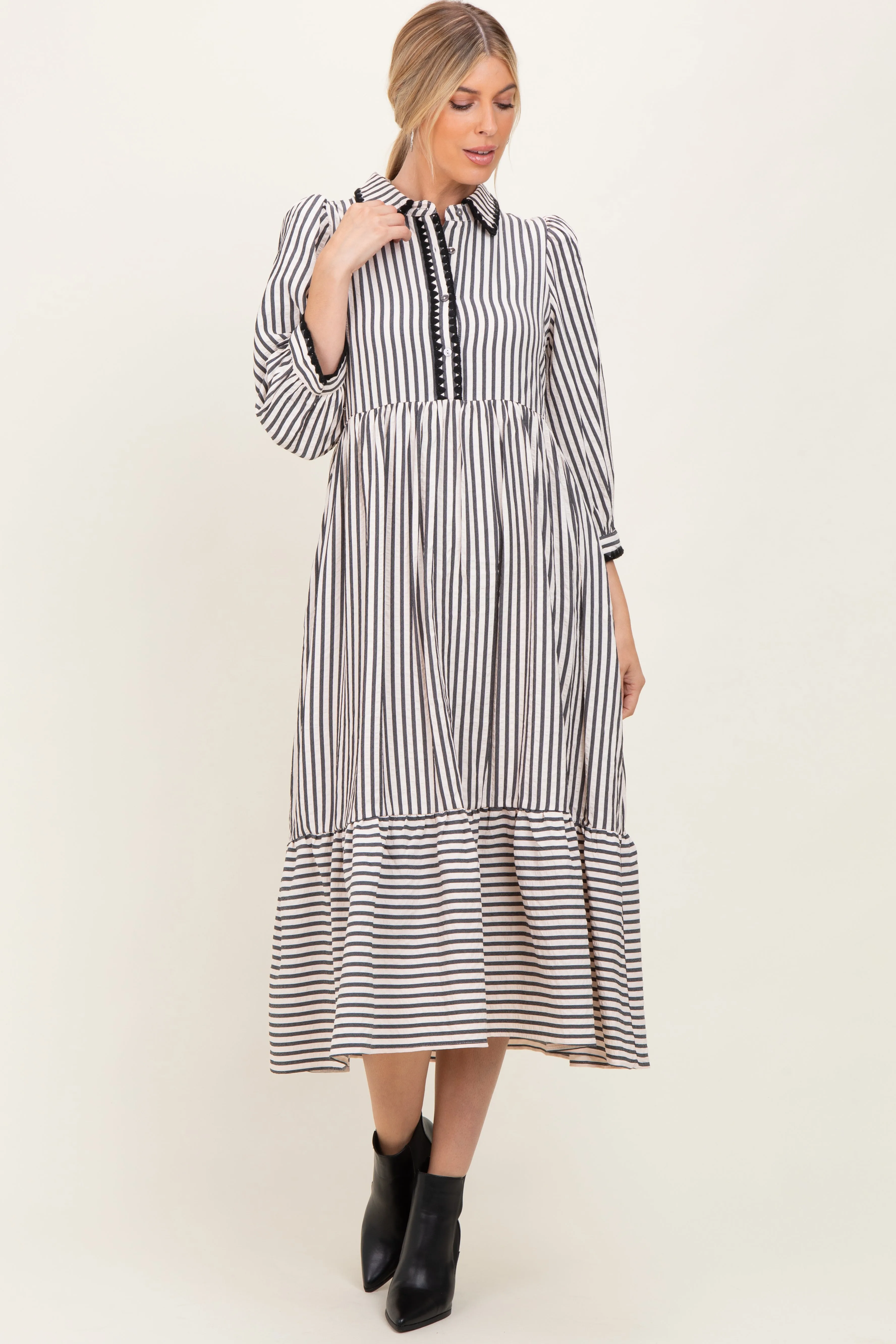 Black Striped Scallop Trim 3/4 Sleeve Maternity Midi Dress sold by Pinkblush product image thumbnail 3