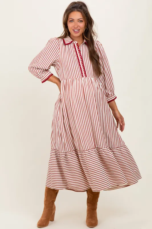 Rust Striped Scallop Trim 3/4 Sleeve Maternity Midi Dress sold by Pinkblush