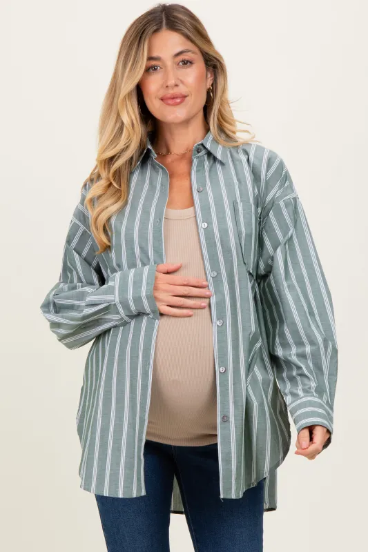 Light Olive Striped Button Down Maternity Shirt sold by Pinkblush