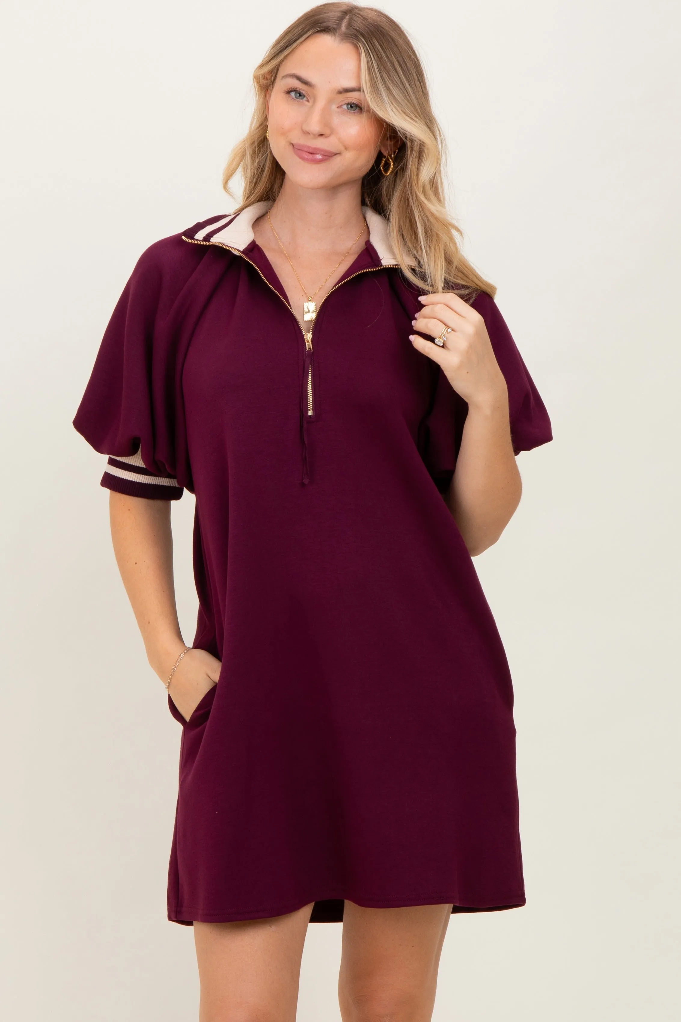 Plum Half Zip Puff Sleeve Maternity Mini Dress sold by Pinkblush product image thumbnail 5