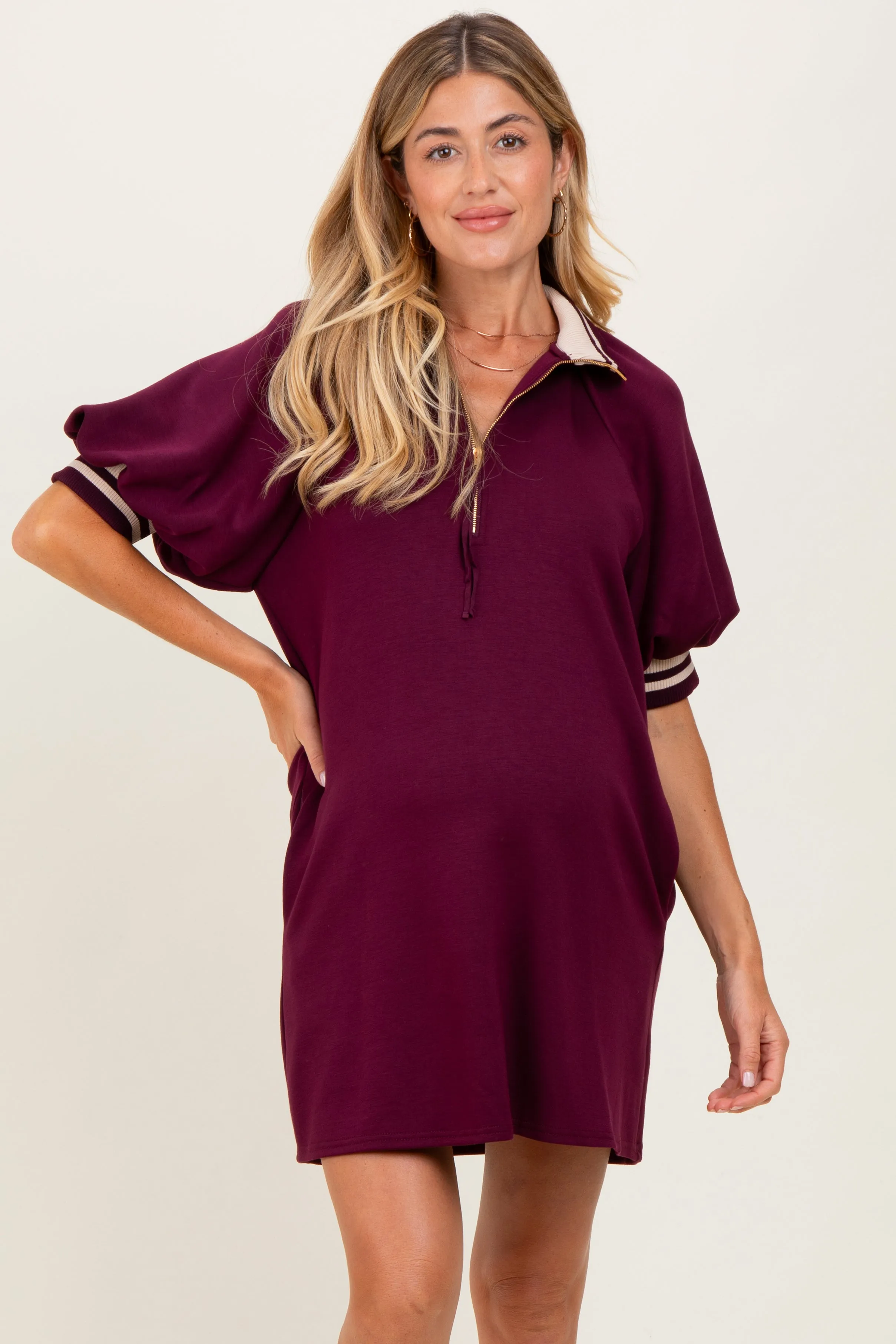 Plum Half Zip Puff Sleeve Maternity Mini Dress sold by Pinkblush product image thumbnail 2