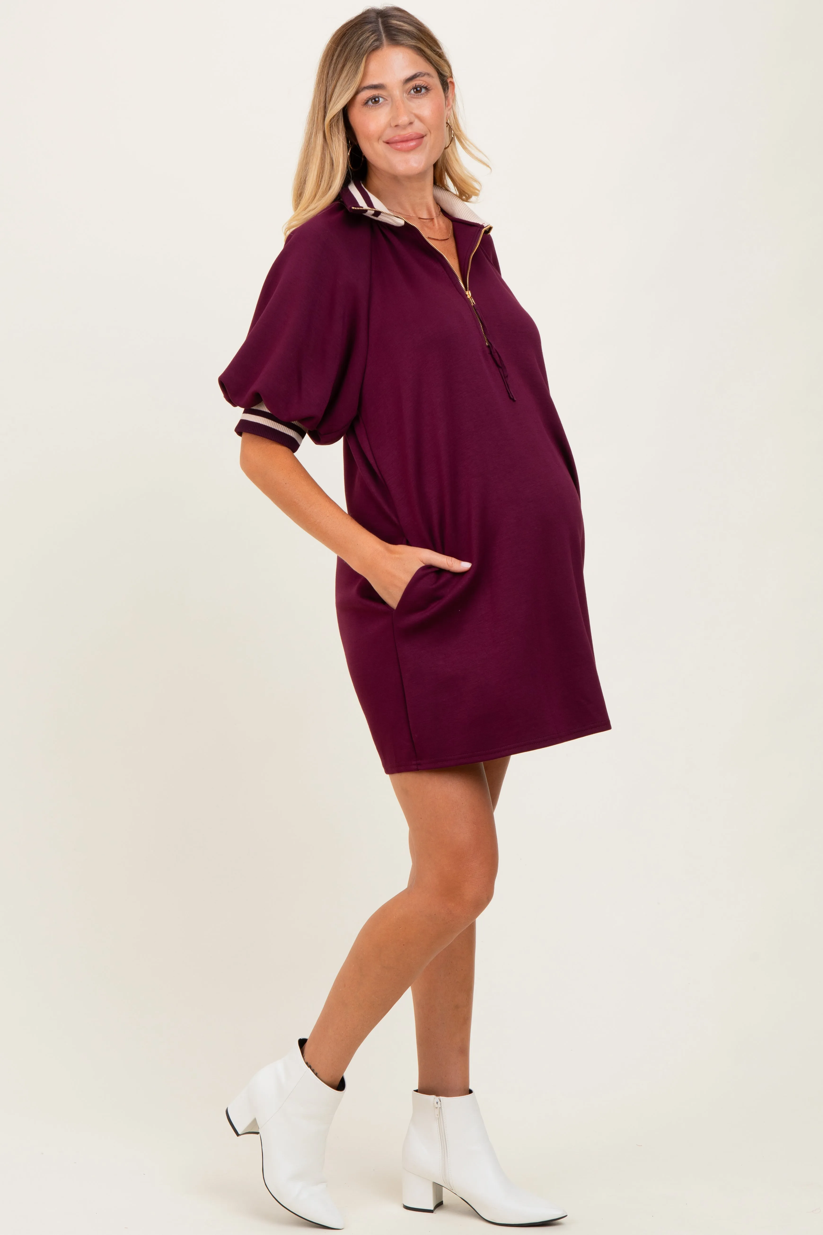 Plum Half Zip Puff Sleeve Maternity Mini Dress sold by Pinkblush product image thumbnail 3