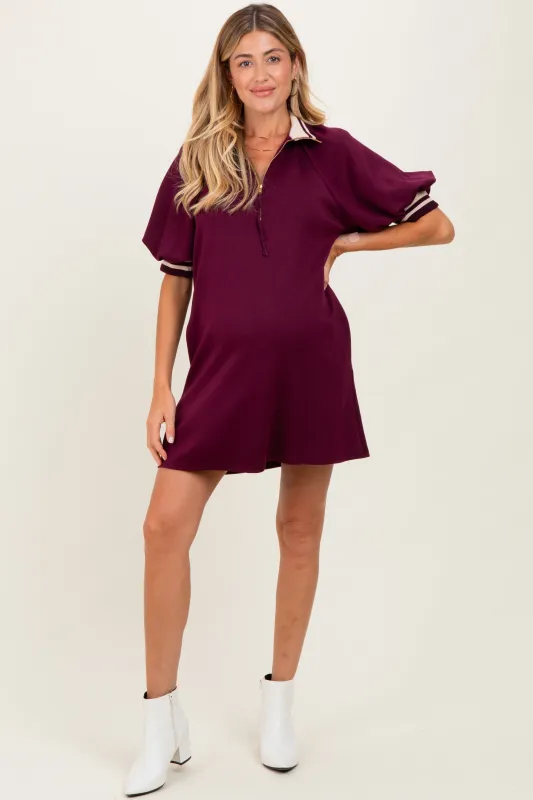 Plum Half Zip Puff Sleeve Maternity Mini Dress sold by Pinkblush