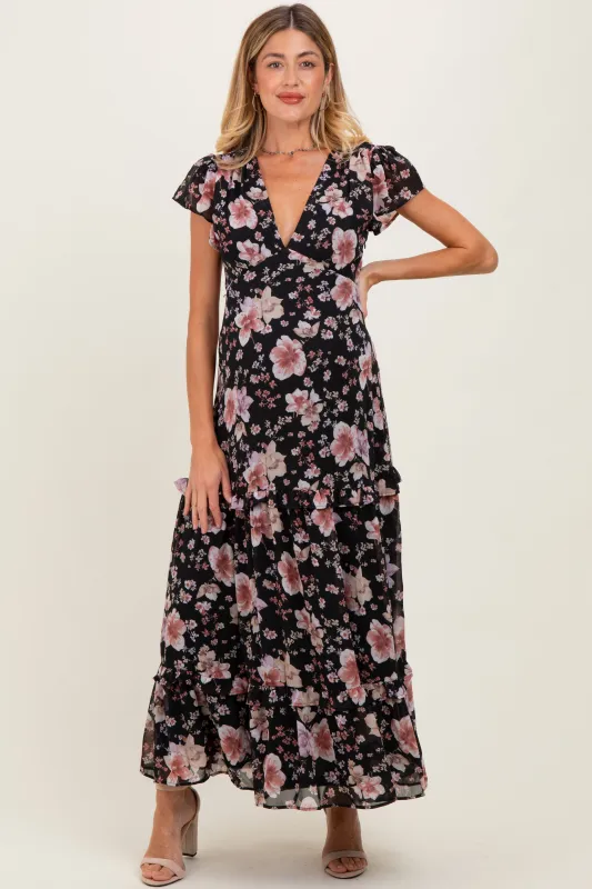 Black Floral V-Neck Side Silt Maternity Maxi Dress sold by Pinkblush