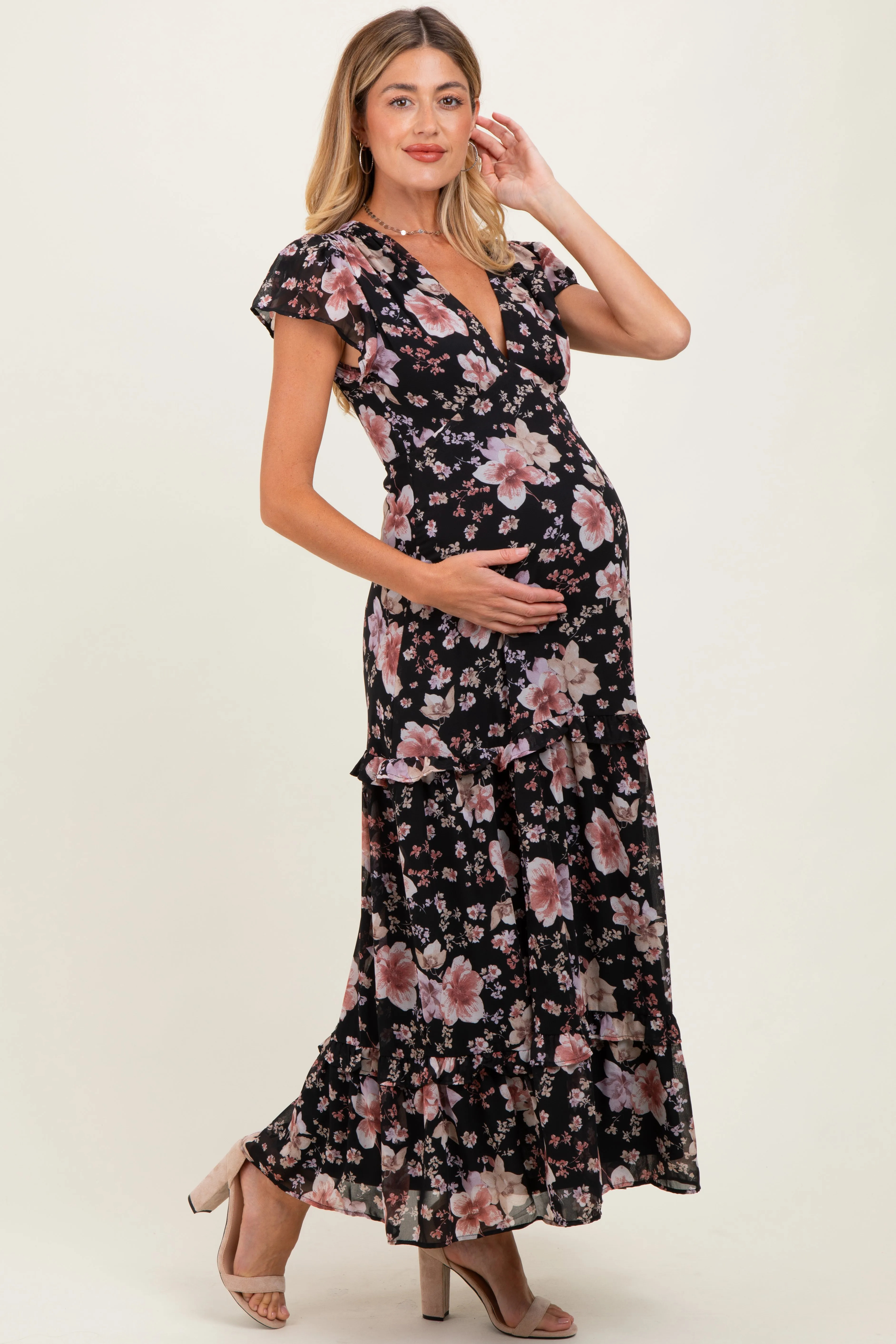 Black Floral V-Neck Side Silt Maternity Maxi Dress sold by Pinkblush product image thumbnail 2