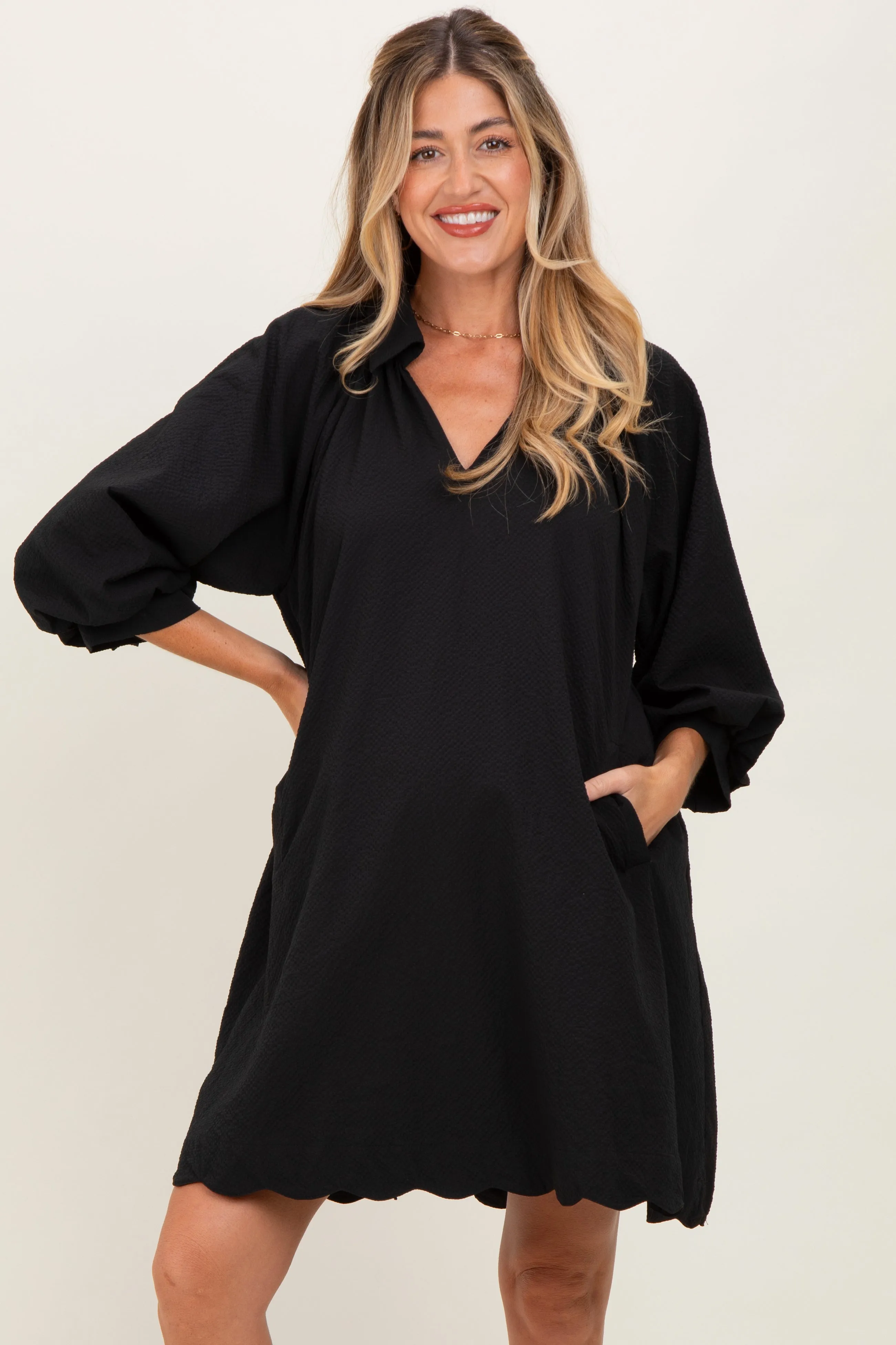 Black Textured Collared 3/4 Puff Sleeve Maternity Dress sold by Pinkblush